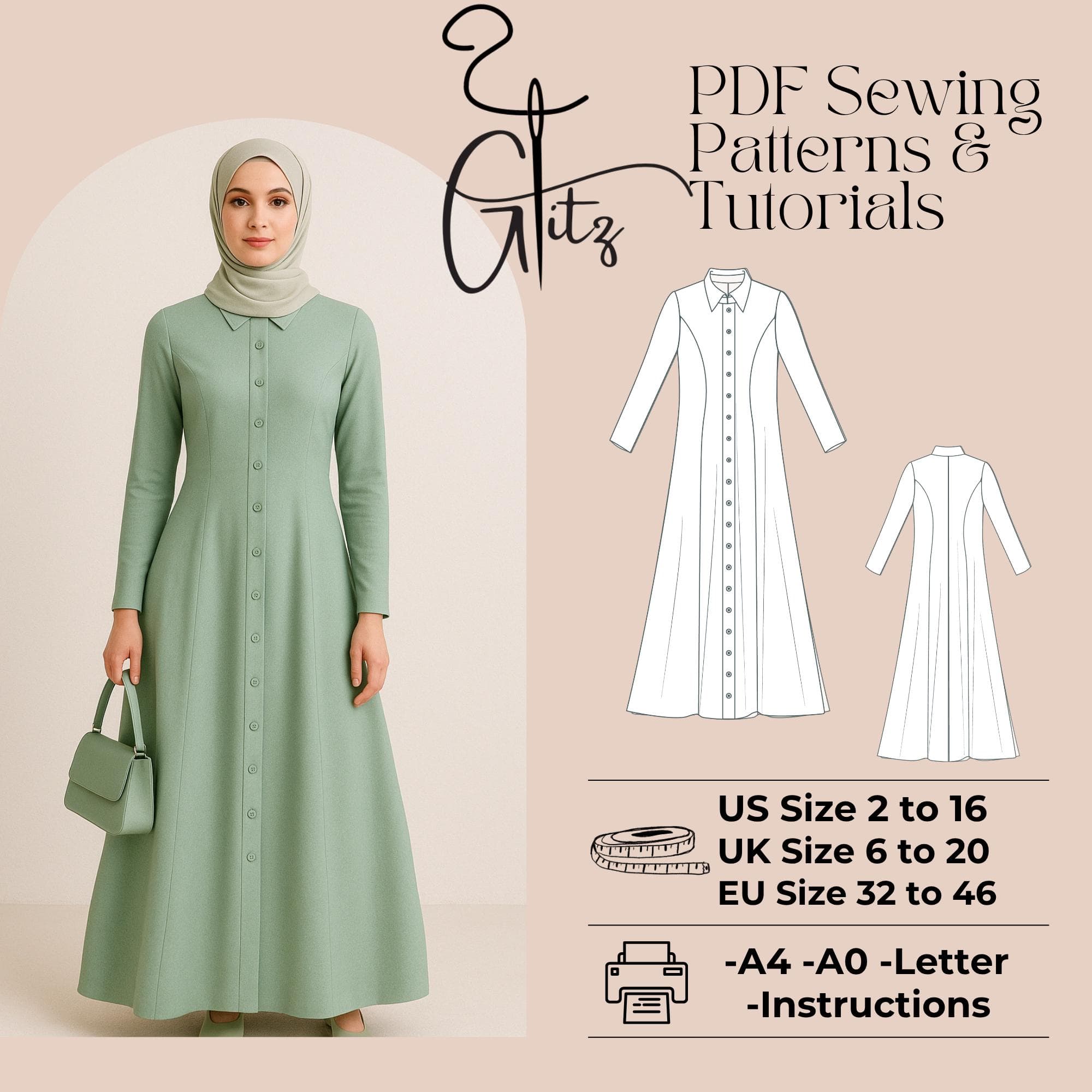 Modest Dress with Buttoned Sewing Pattern Muslim Hijab Abaya Pattern Robe Kaftan