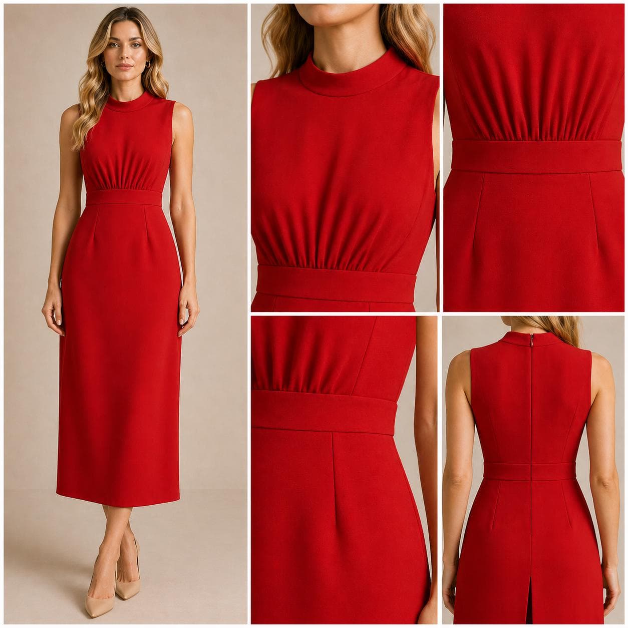 Elegant High Waist Dress Sewing Pattern PDF, Ruched Bust Midi Dress, Stand Collar Sleeveless Dress Pattern, 3/4 Circle Skirt, Women XS-5XL - image 3