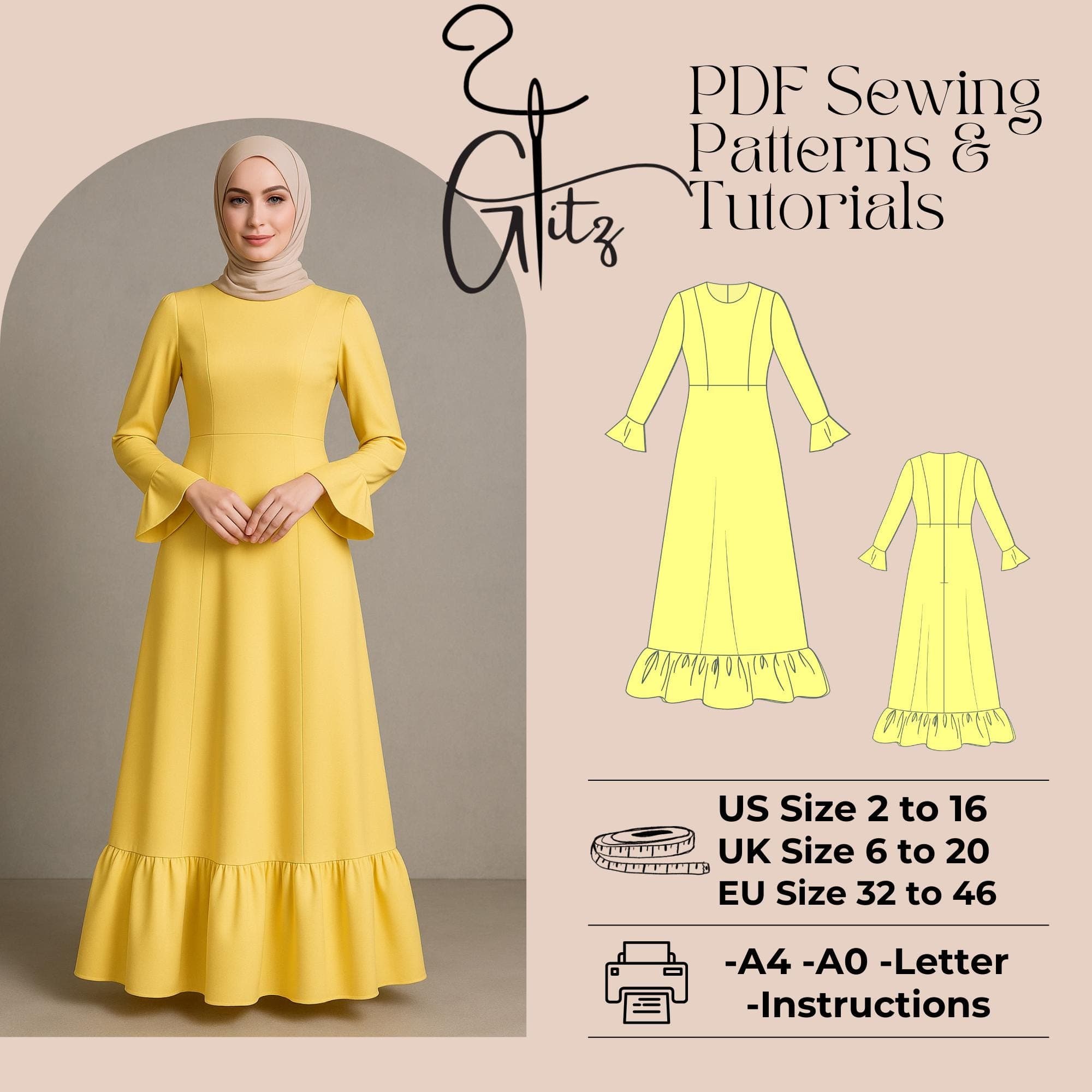 Dress Sewing Pattern: Modest Long Sleeve Abaya, Kaftan Robe (PDF Pattern)