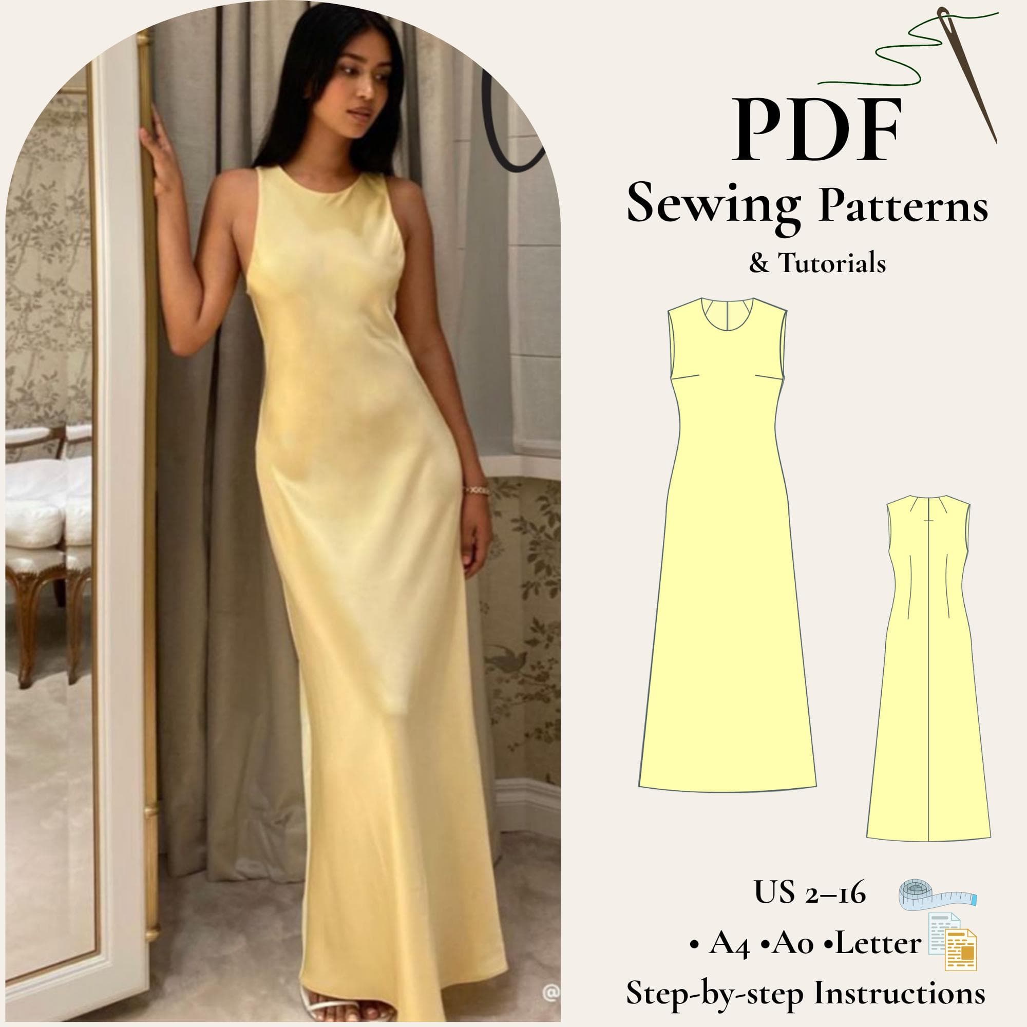 Satin Maxi Evening Dress Sewing Pattern, Beginner Friendly (PDF Pattern, US 2-30)