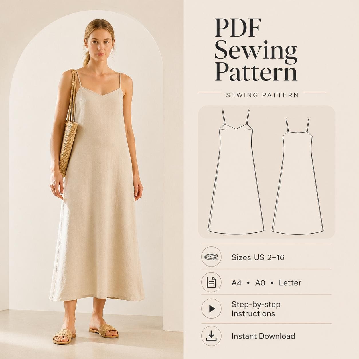 Strappy Linen Maxi Dress Sewing Pattern (PDF)