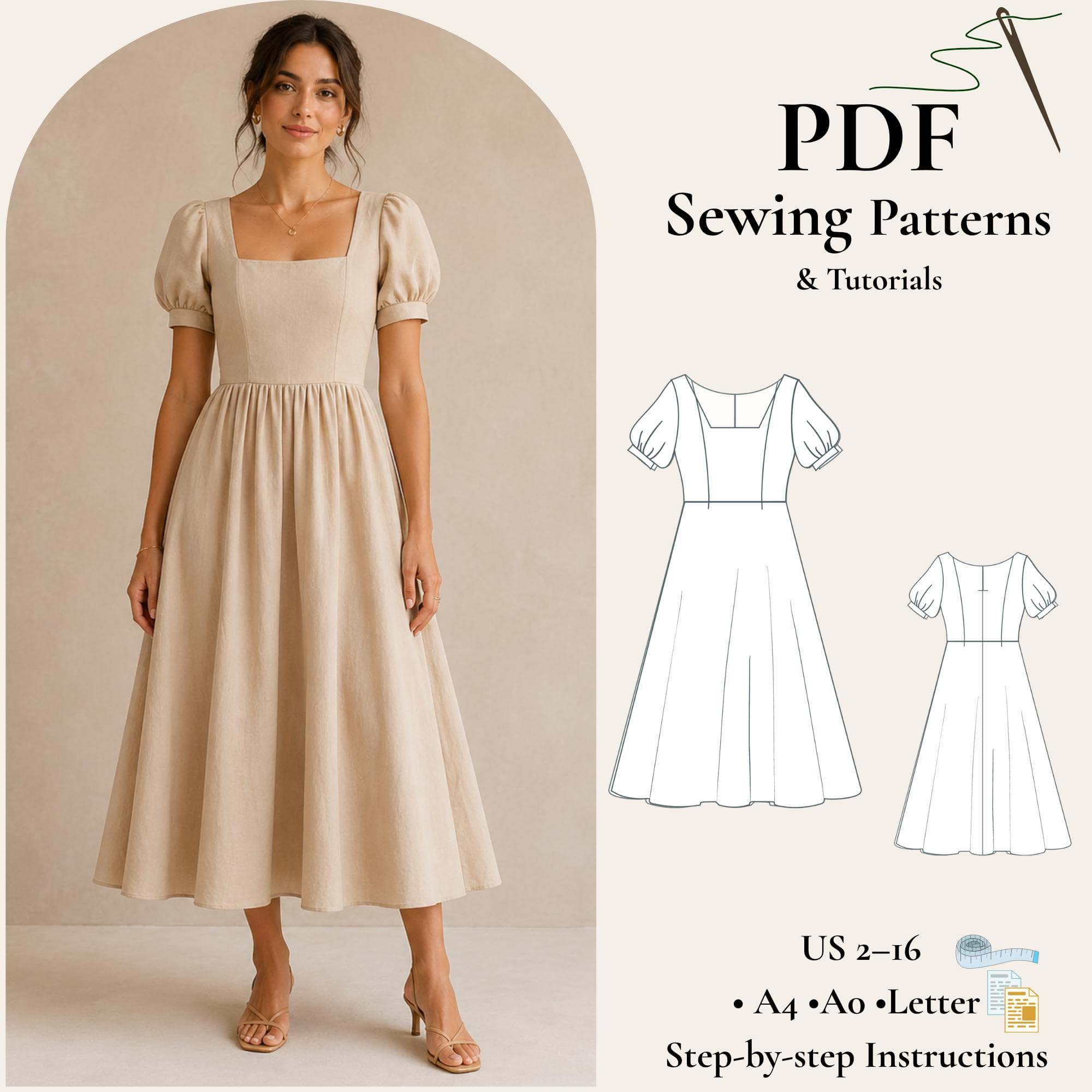 Square Neck Midi Dress Sewing Pattern, Puff Sleeve Dress PDF, Summer Dress Pattern, Princess Seam Bodice, A Line Dress XS-5XL