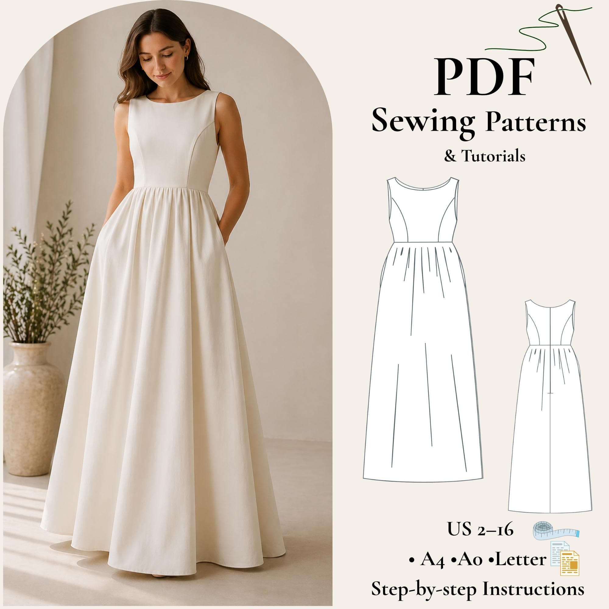 Maxi Dress Sewing Pattern: Sleeveless Boat Neck, Boho Style (PDF Pattern)
