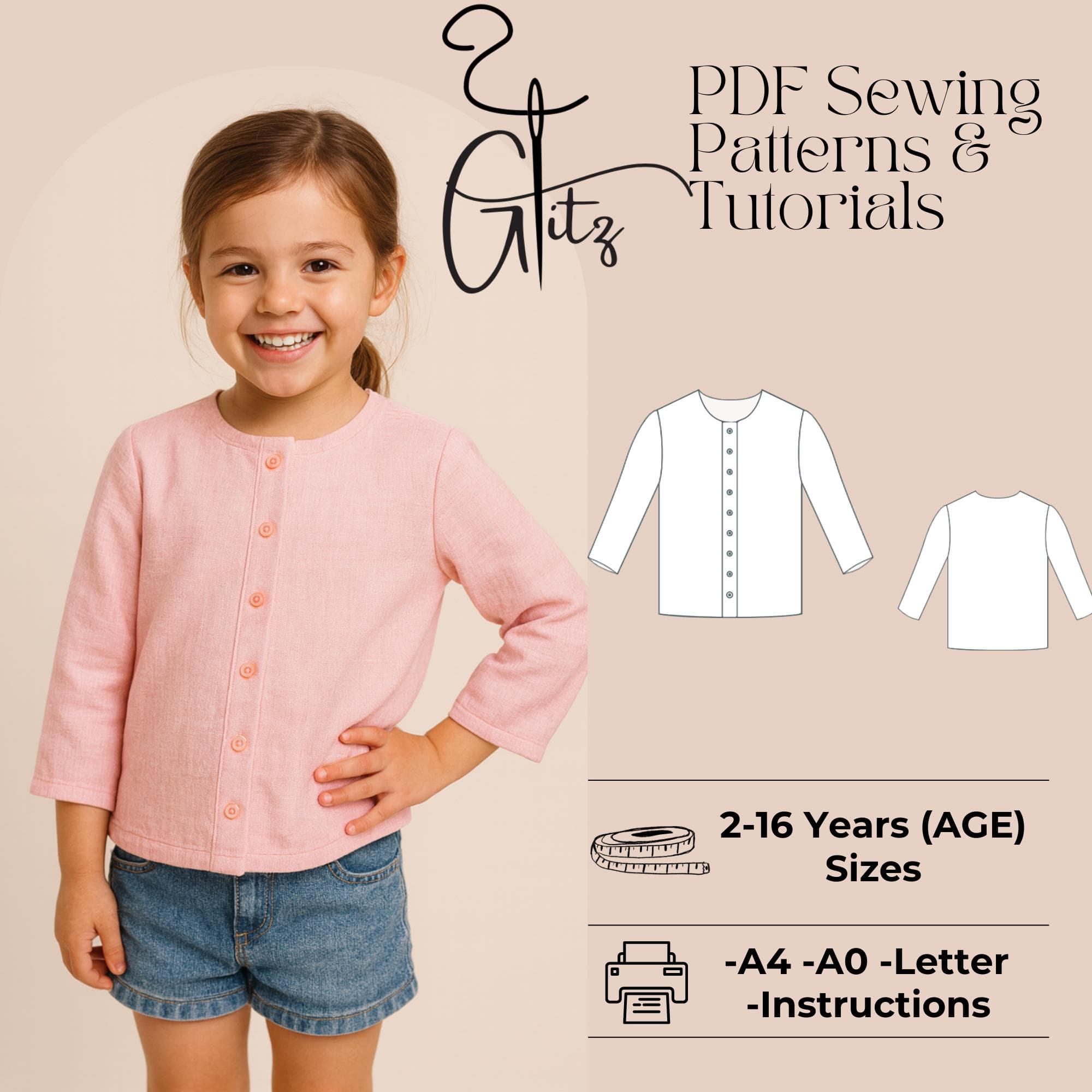 Kids Button Front Cardigan Pattern | Toddler Girls Long Sleeve Top Sewing Pattern | Beginner Friendly PDF Digital Download - image 3
