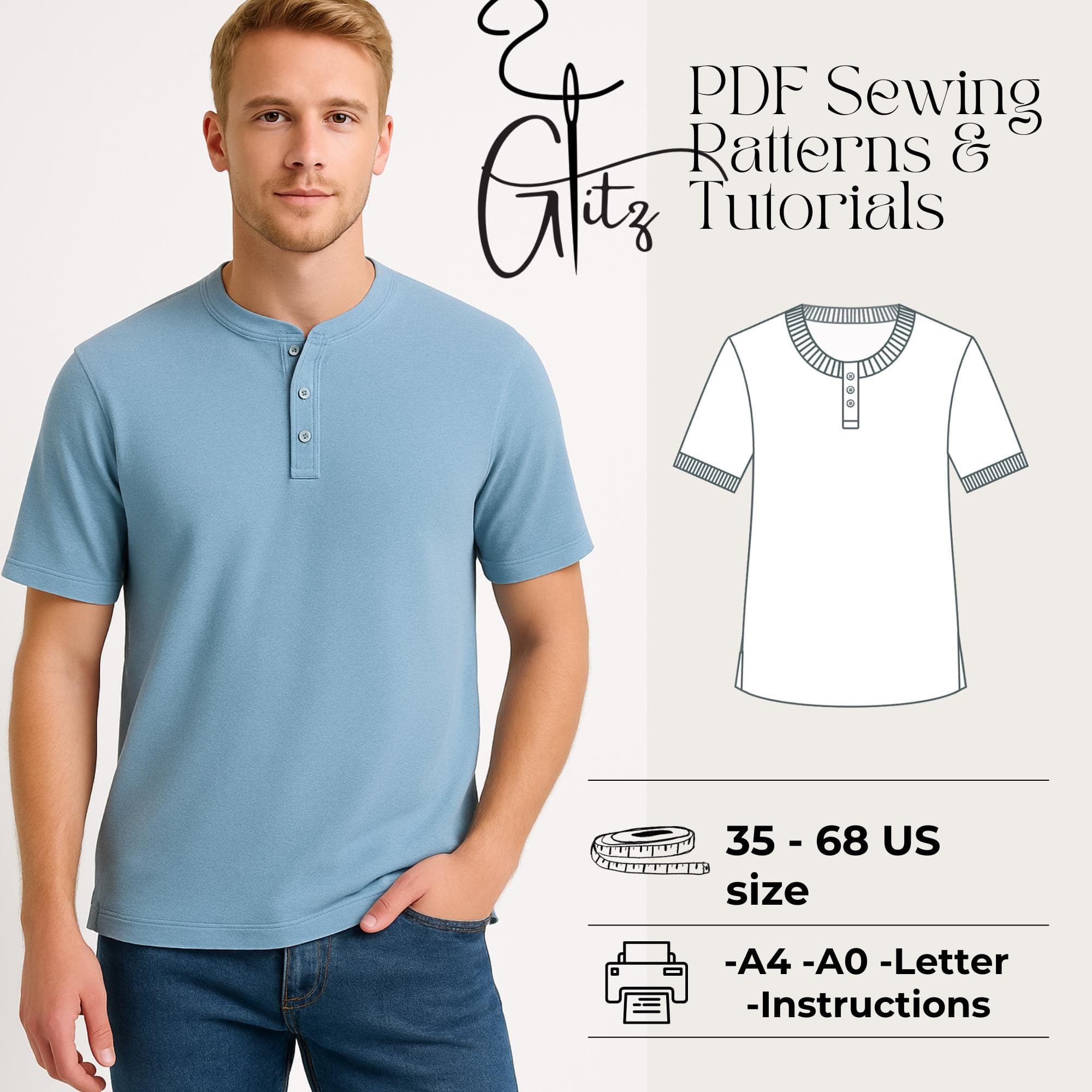 Mens Henley T Shirt Sewing Pattern PDF, Short Sleeve Casual Tee Pattern, Button Neck Shirt Pattern, Easy Sewing Pattern, Men Top