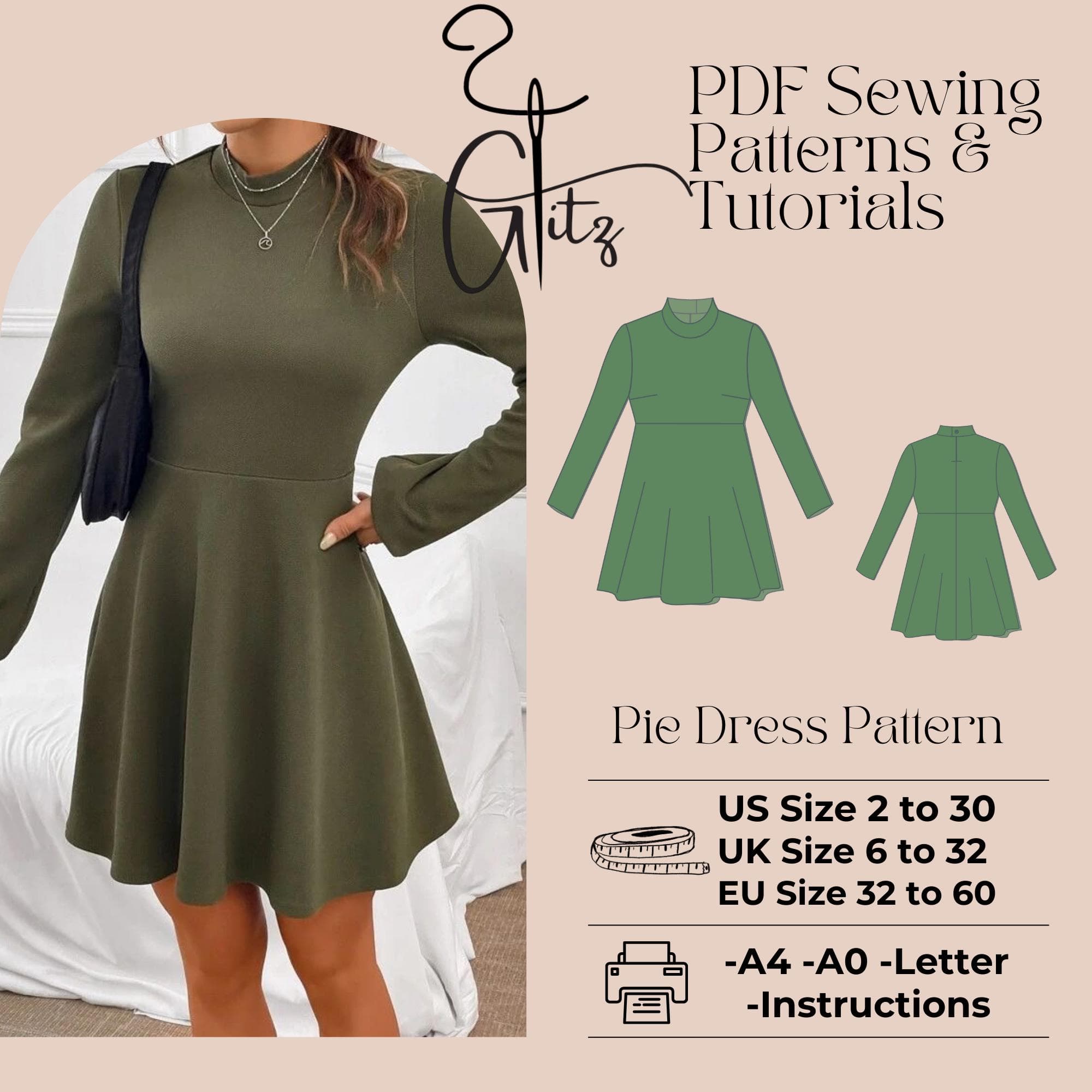 A Line Mini Dress with Long Sleeve and High Neckline Sewing Pattern PDF