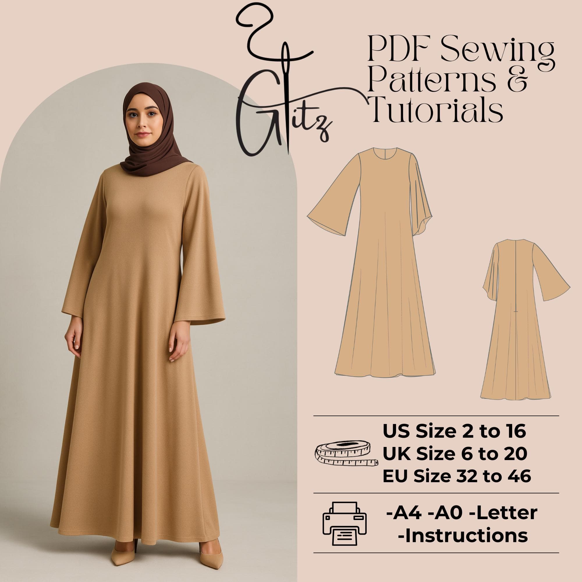 Flared Sleeve Maxi Dress Sewing Pattern, Modest Abaya (PDF Pattern)