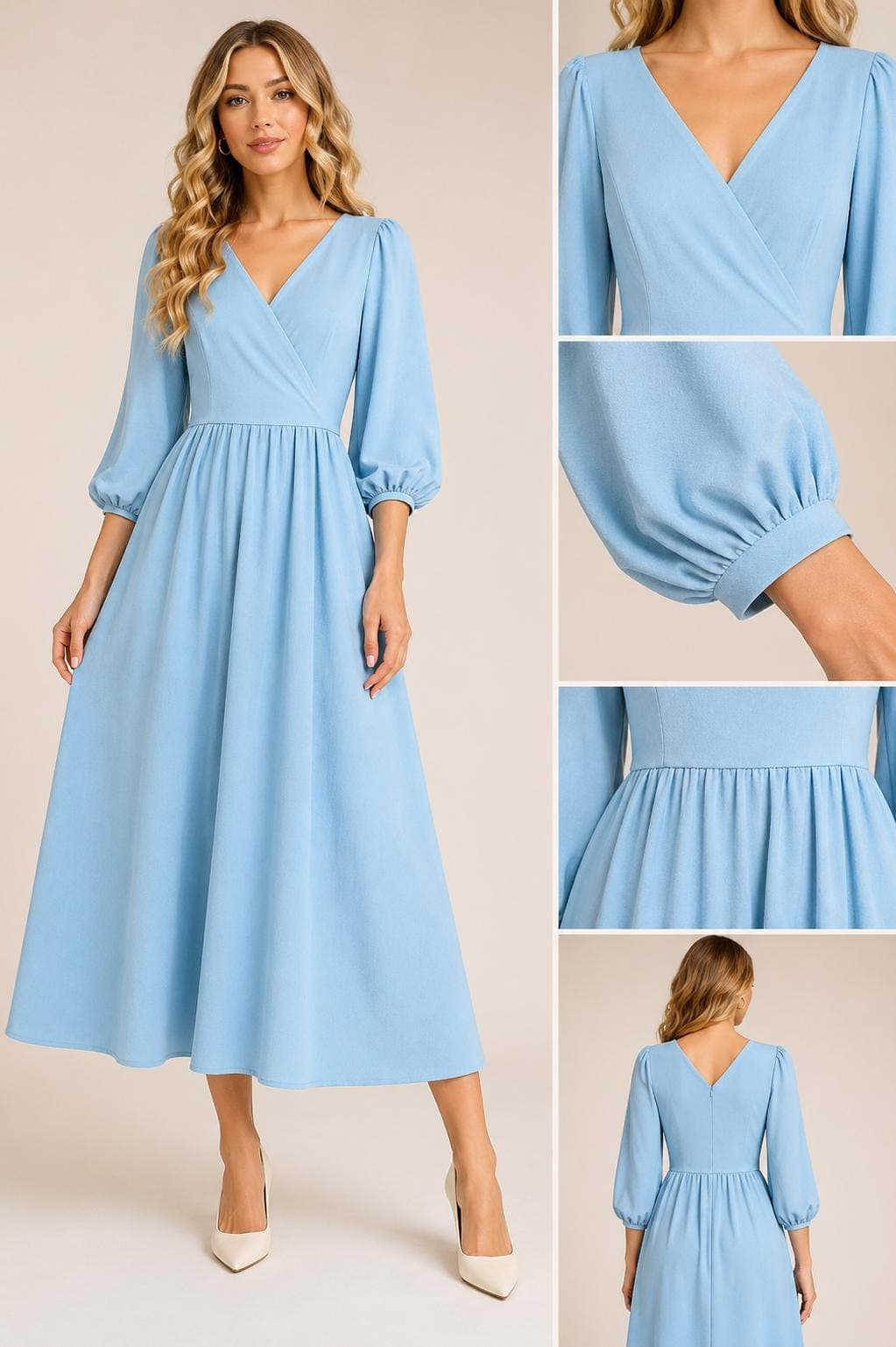Wrap Midi Dress Sewing Pattern PDF, Bishop Sleeve Dress Pattern, Surplice Neck Dress, Women Dress Pattern, A4 A0 Letter, US 2–16 - image 3