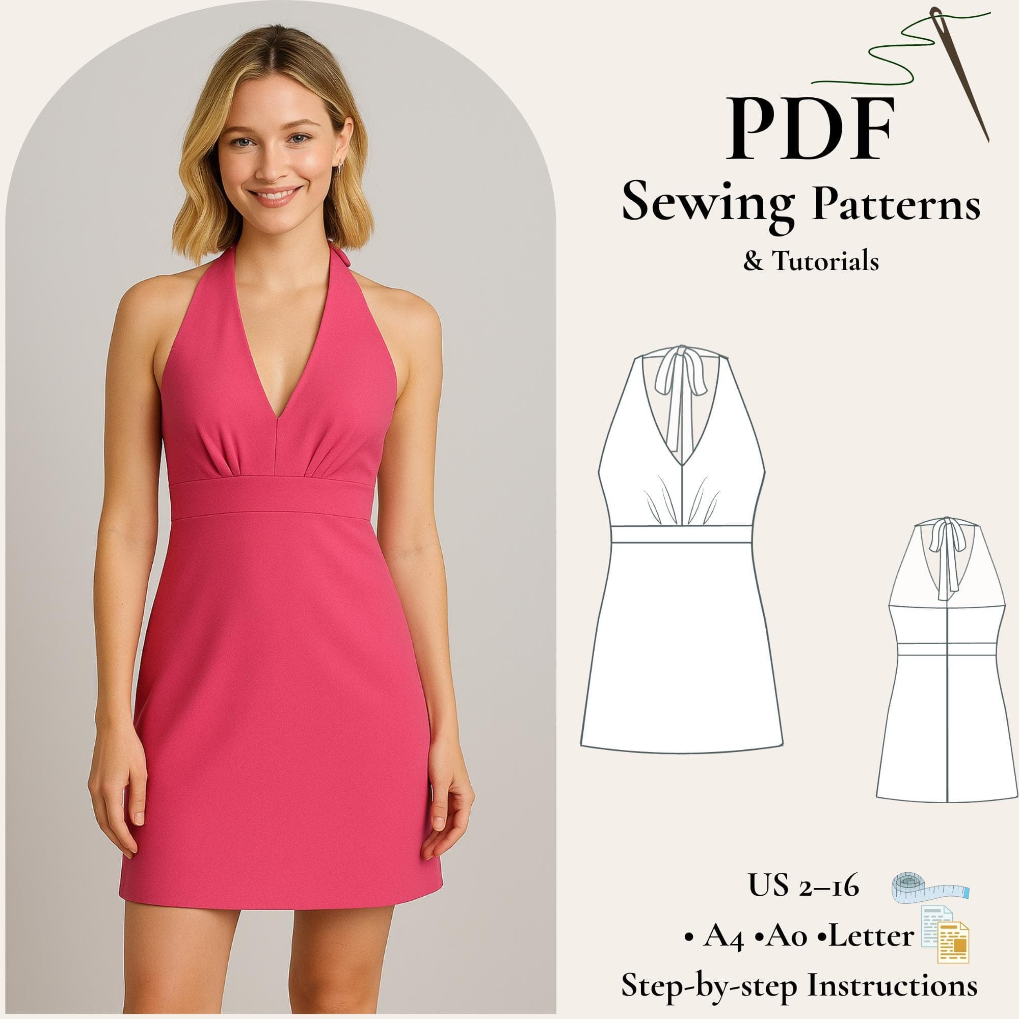 Halter Mini Dress Sewing Pattern PDF, V Neck Dress Pattern, Pleated Waist Dress, Open Back Dress Pattern, Summer Party Dress XS-5XL