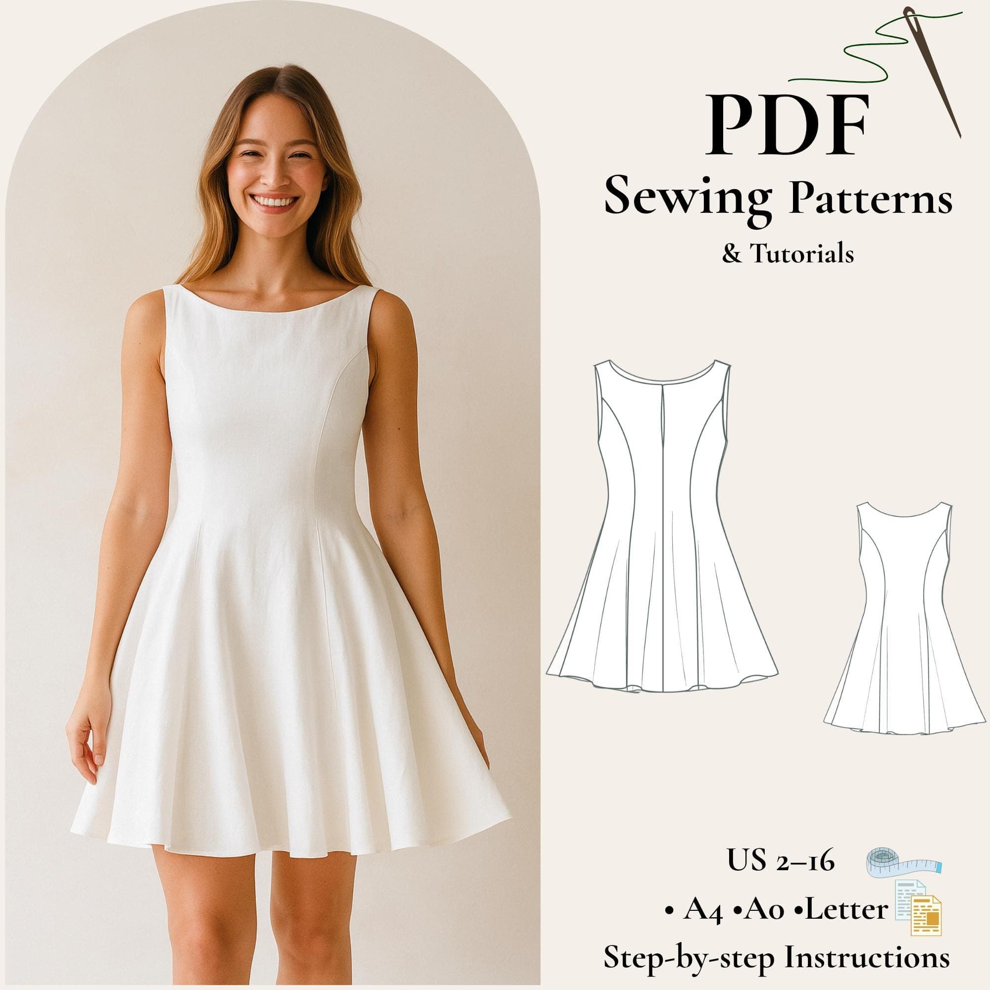 Sleeveless Mini Dress Sewing Pattern PDF, Boat Neck Dress Pattern, Fit and Flare Dress, Princess Seam Dress, Women XS-5XL