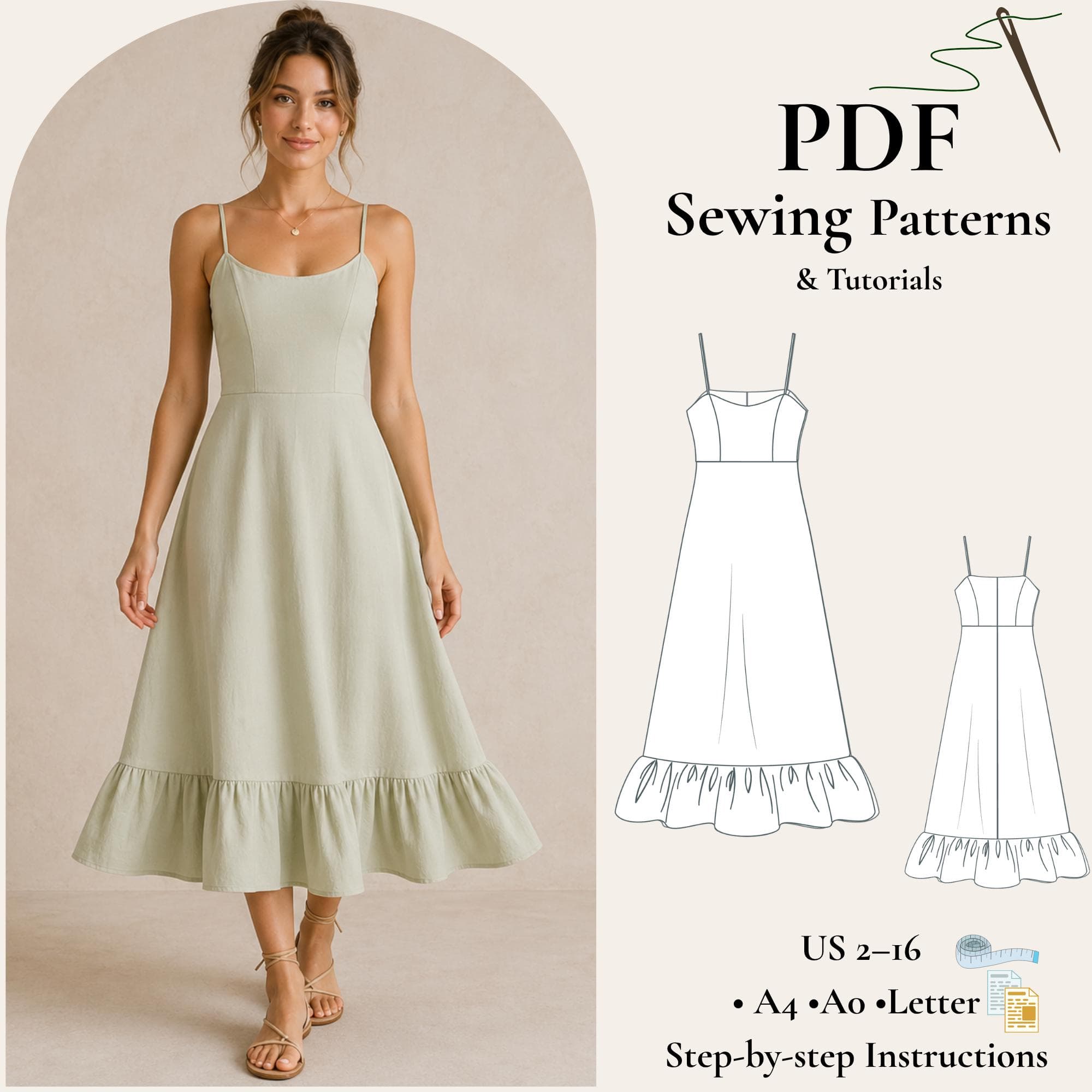 Spaghetti Strap Midi Dress Sewing Pattern PDF, Ruffle Hem Dress Pattern, Princess Seam Dress, Summer Dress Pattern XS-5XL