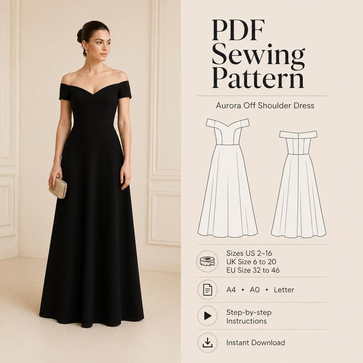 Aurora Off Shoulder Gown Sewing Pattern, Bridesmaid & Cocktail Dress (PDF Pattern)