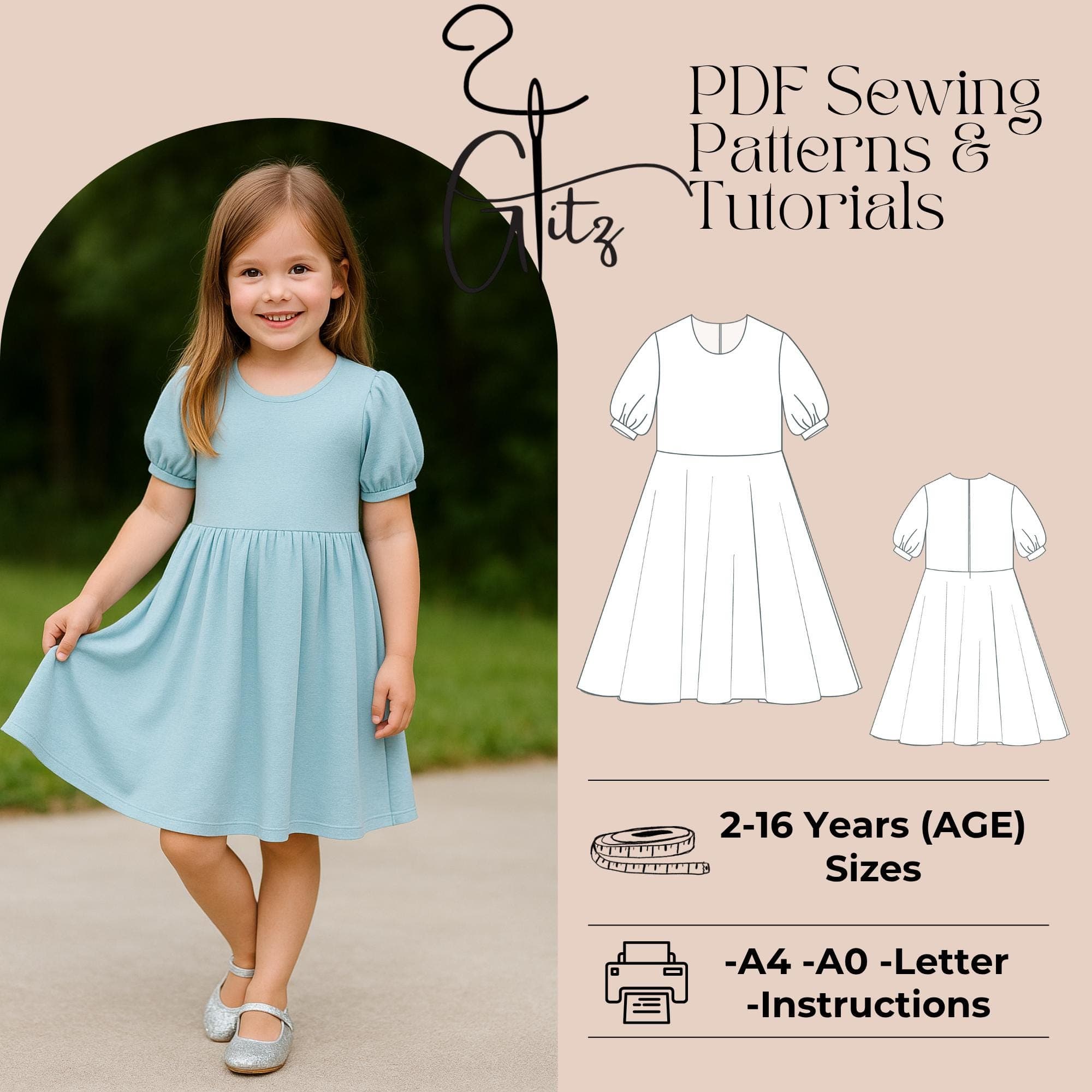 Girls' Puff Sleeve Midi Dress Sewing Pattern (PDF) - image 3