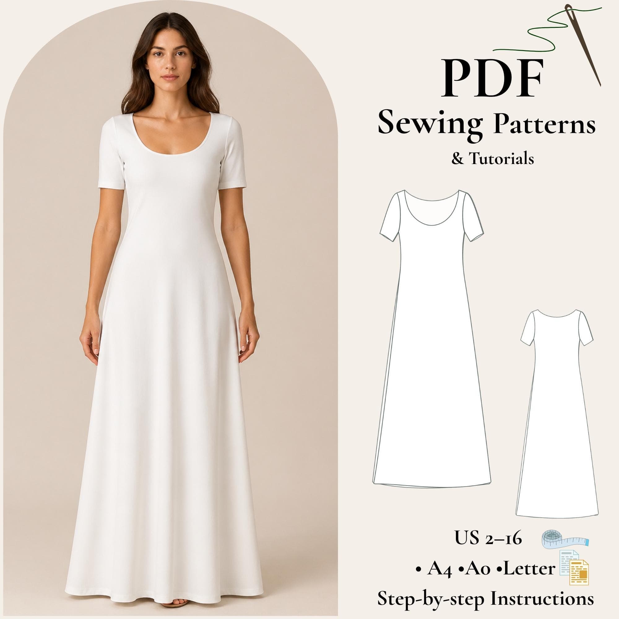 Minimal Maxi Dress Sewing Pattern PDF, Knit Dress Pattern, Scoop Neck Dress, Comfortable Elegant Dress XS-5XL
