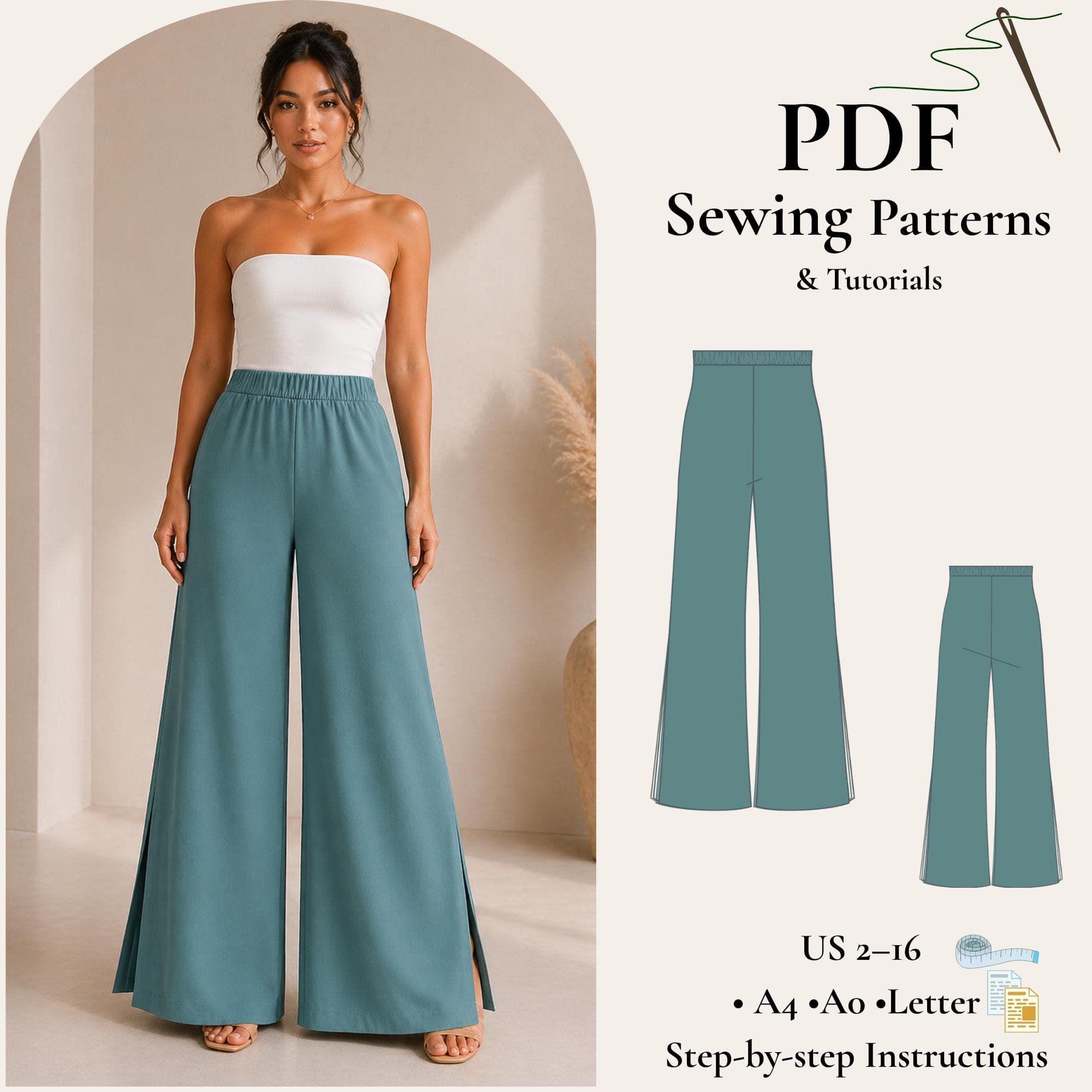 Long Wide Leg Summer Linen Pants Sewing Pattern Elastic Waist Trousers Digital Pattern Easy Pants Pattern High Waist Palazzo