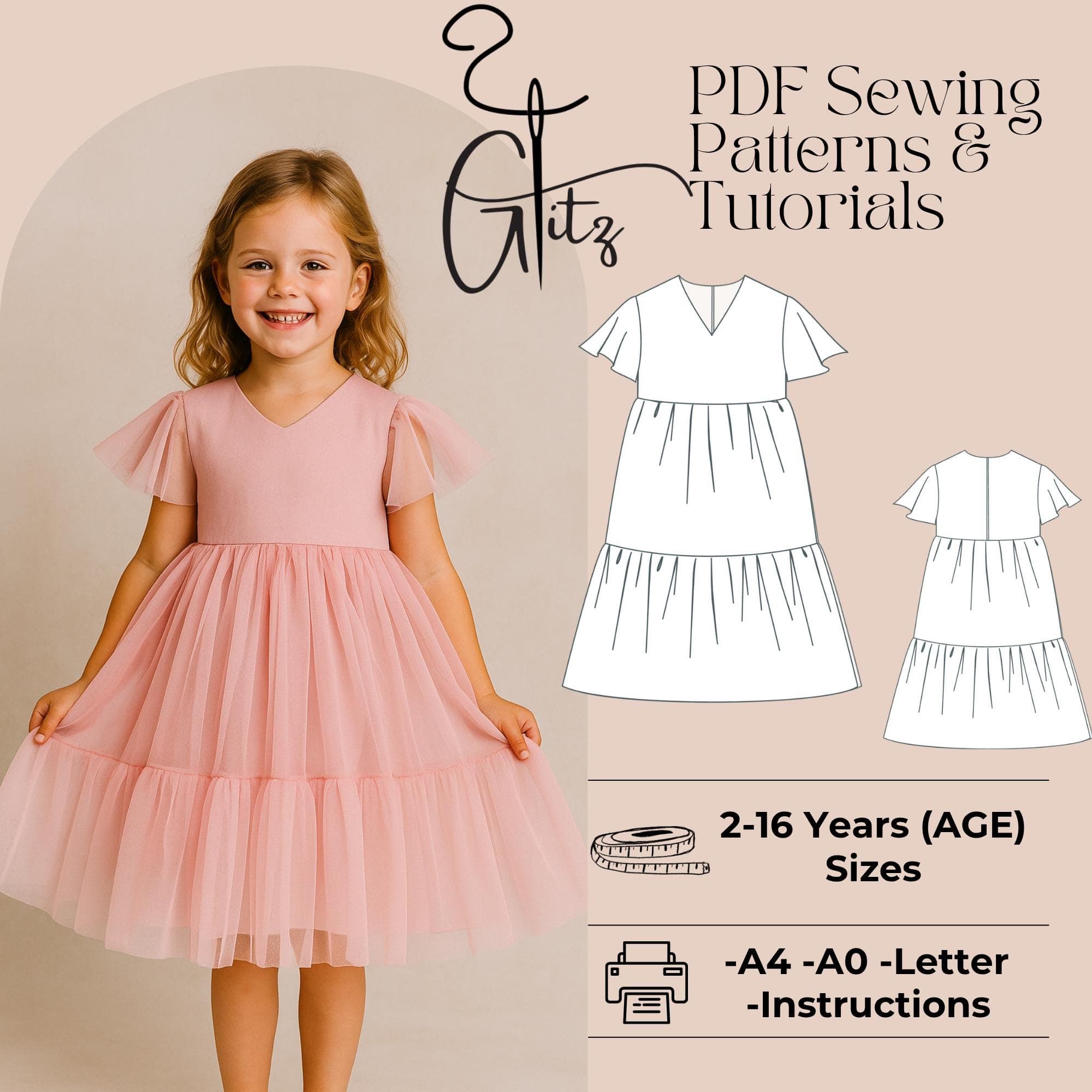 Girl's Tiered Dress Sewing, Flower Girl Dress (PDF Pattern, US 2-30/XS-5XL Sizes - image 5
