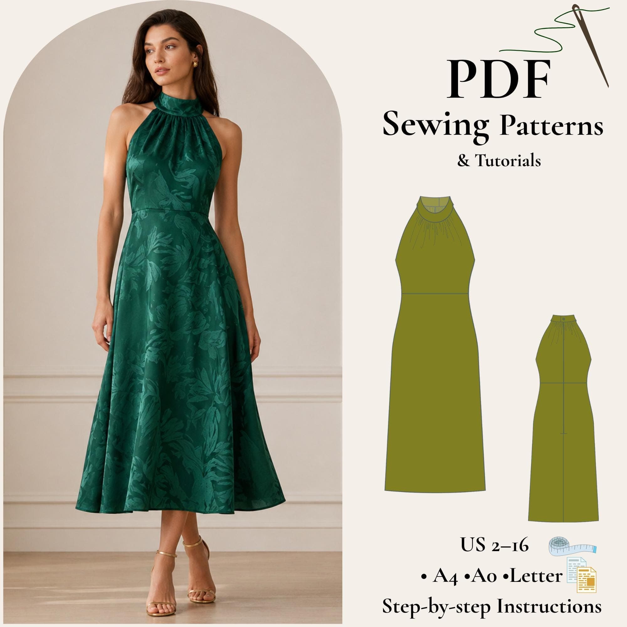 Halter Neck Midi Dress Sewing Pattern PDF, Ruched Bodice Dress, Summer Elegant Dress Pattern, Open Back Dress XS-5XL