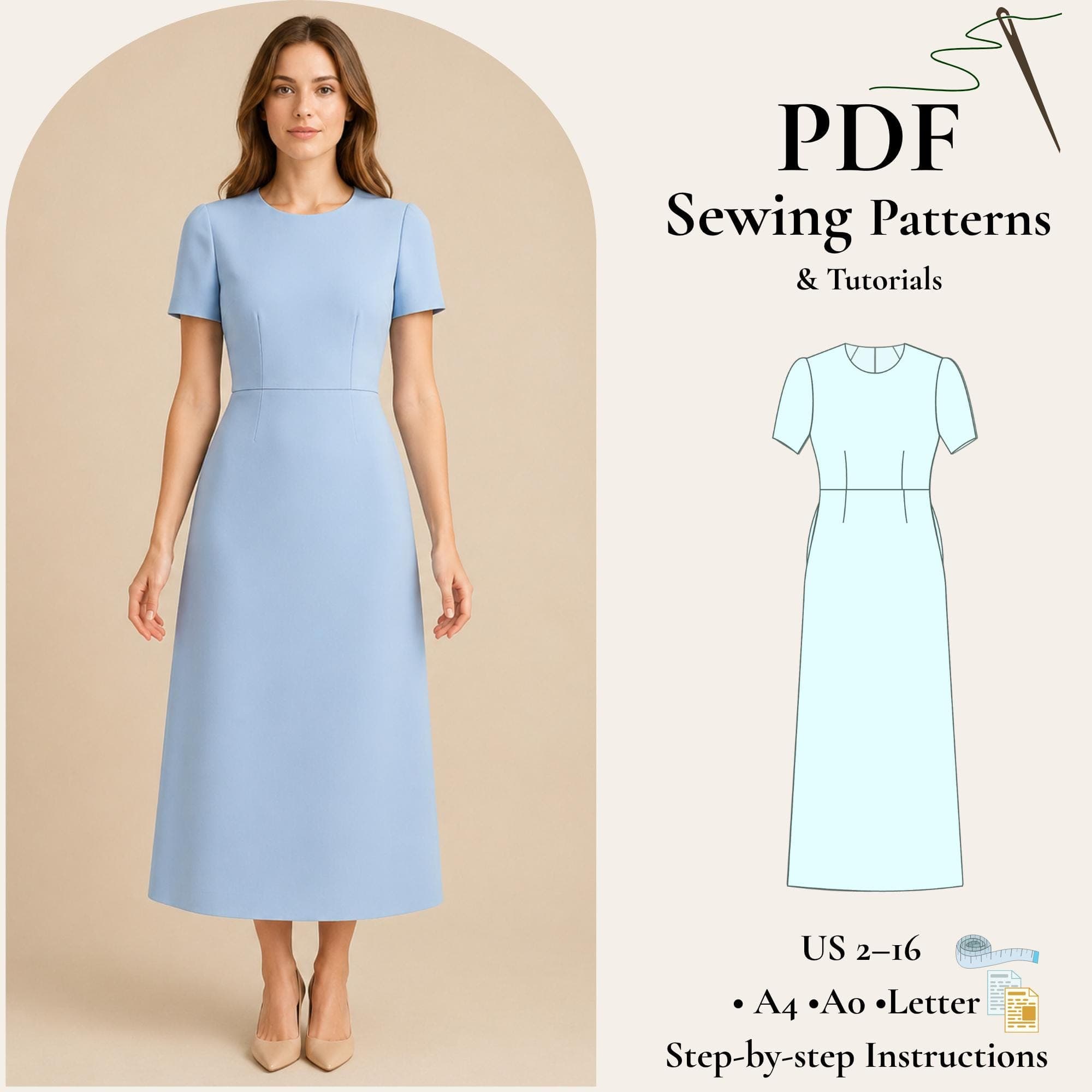 Midi Dress Sewing Pattern PDF, Elegant A Line Dress Pattern, Short Sleeve Dress, Wedding Guest Dress, Women Dress, US 2-30