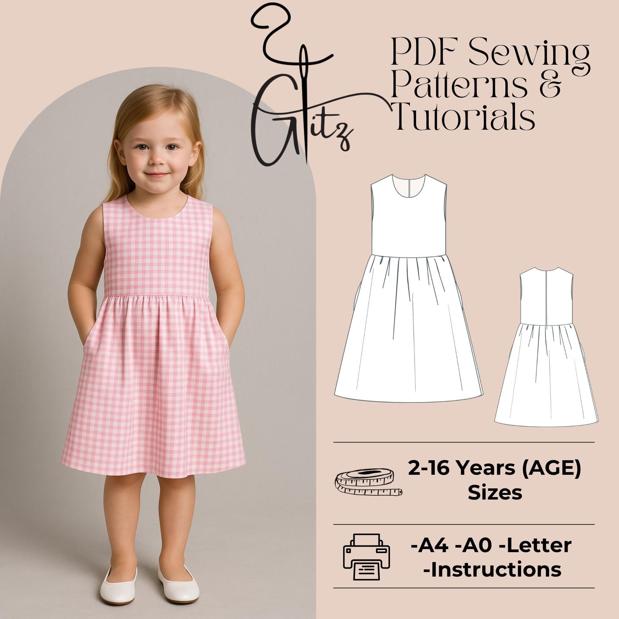 Girls' Summer Dress Sewing Pattern, Sleeveless Beginner Project (Sizes 2-16Y) (PDF Pattern)