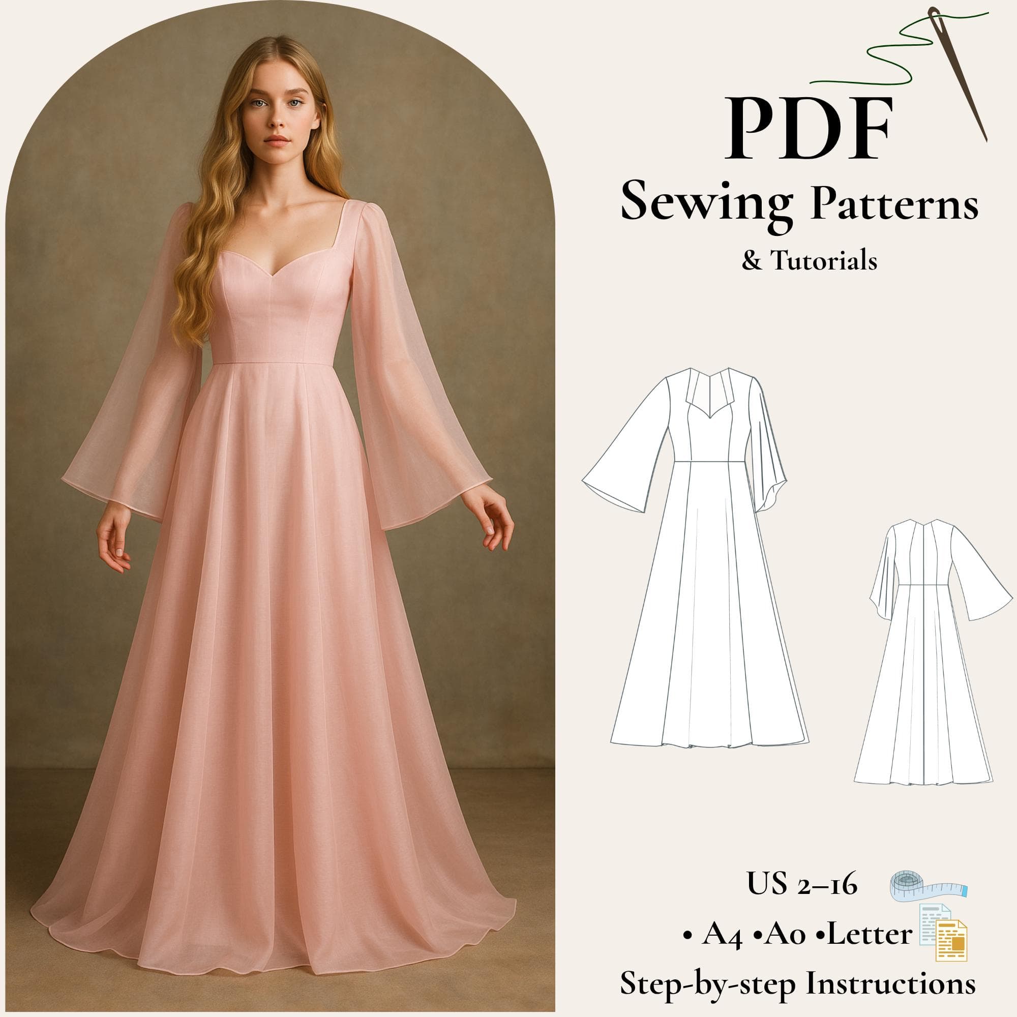 Sweetheart Neck Maxi Dress Sewing Pattern, Boho Long Sleeve Dress Pattern, Flared Sleeve Gown PDF, Princess Seam Dress, XS-5XL