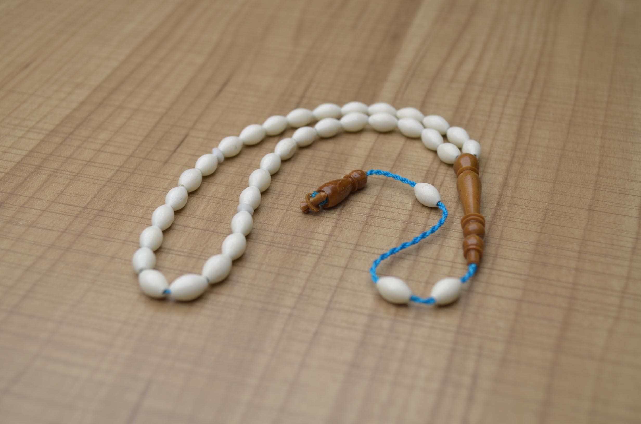Small White Camel Bone Style Tasbih, 33 Beads with Brown Wooden Imam, Handmade Muslim Misbaha, Mens Elegant Gift, White Pocket Rosary Beads,