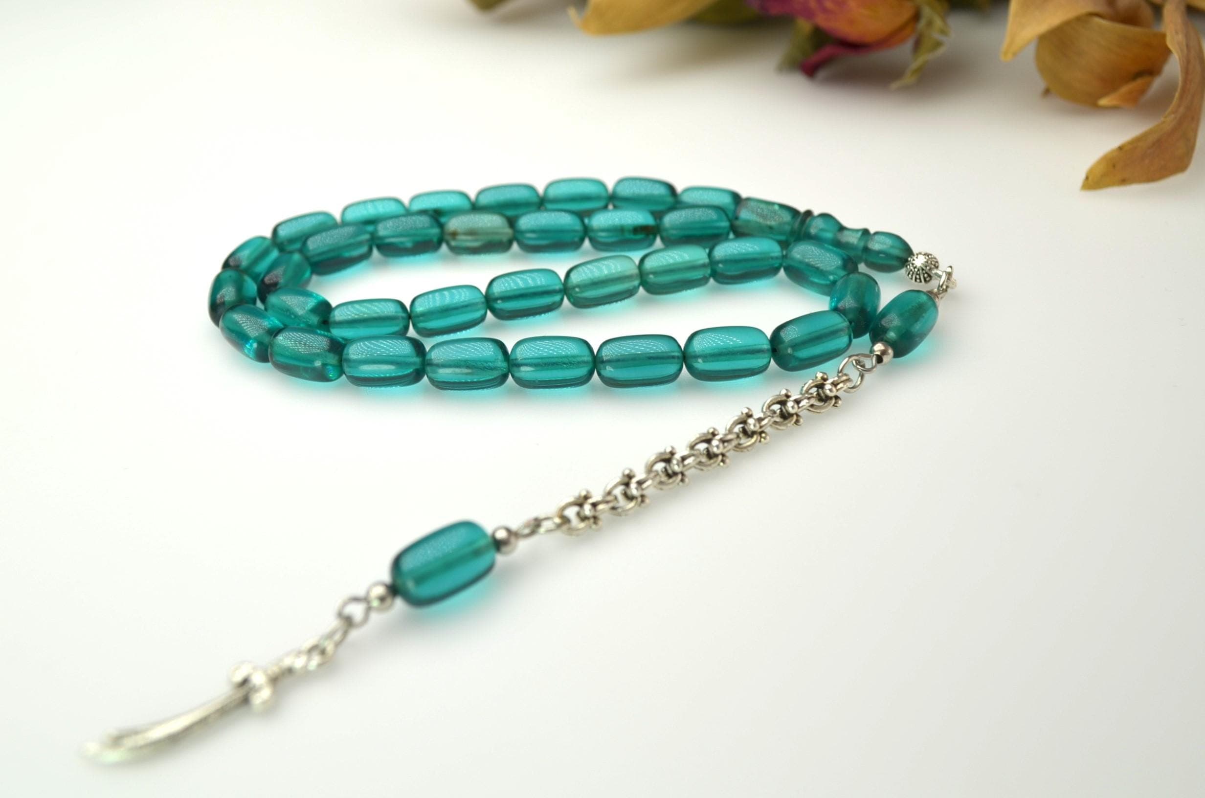 Turquoise Amber Powder Tasbih, 33 Beads Islamic Rosary, Ocean Blue Misbaha, Cylindrical Prayer Beads, Eid Ramadan Gift, Personalized Rosary, - image 3