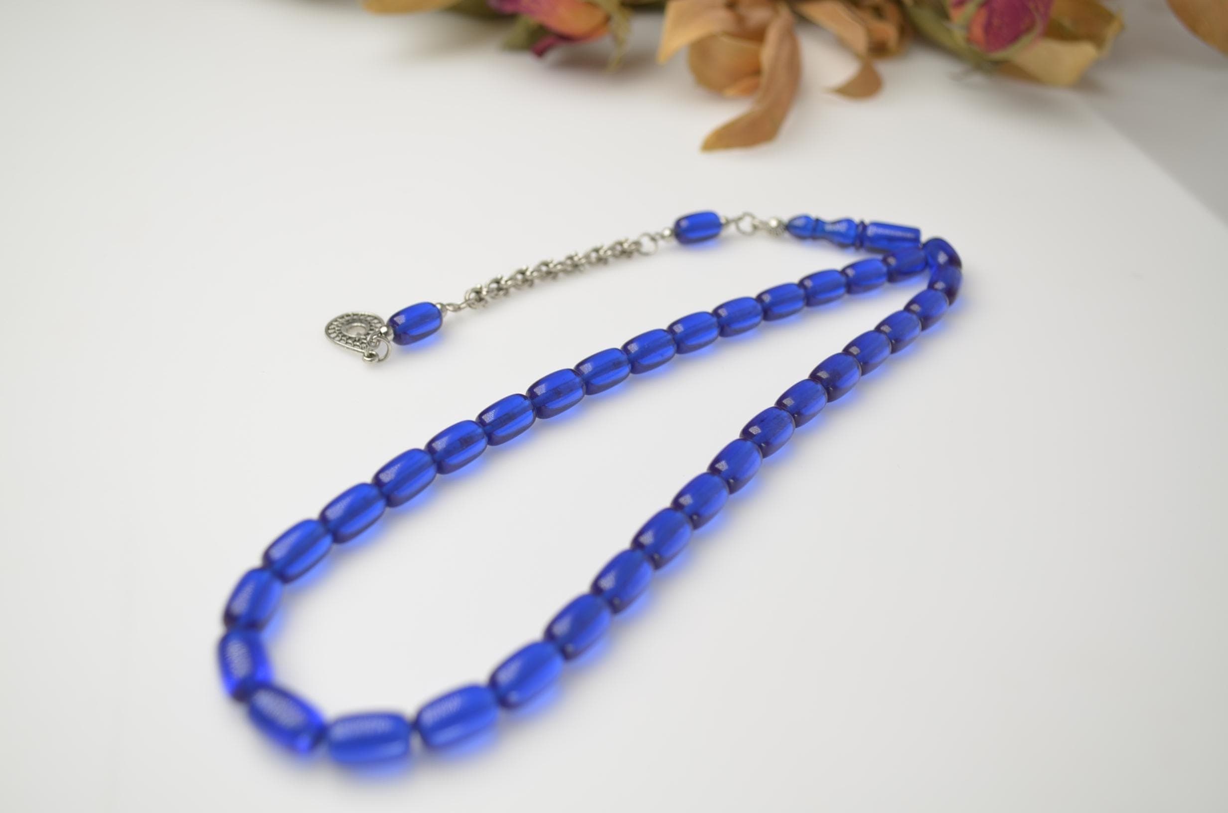 Blue Amber Powder Tasbih, 33 Beads Islamic Rosary, Muslim Misbaha, Cylindrical Prayer Beads, Eid Ramadan Gift for Men, Blue Worry Beads - image 3