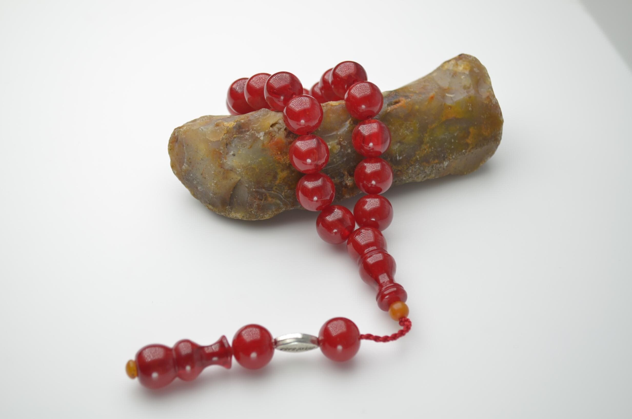 Vibrant Red Pressed Amber Tasbih, 33 Beads Islamic Rosary, Round Muslim Misbaha, Traditional Prayer Beads, Eid Ramadan Gift for Men - image 5