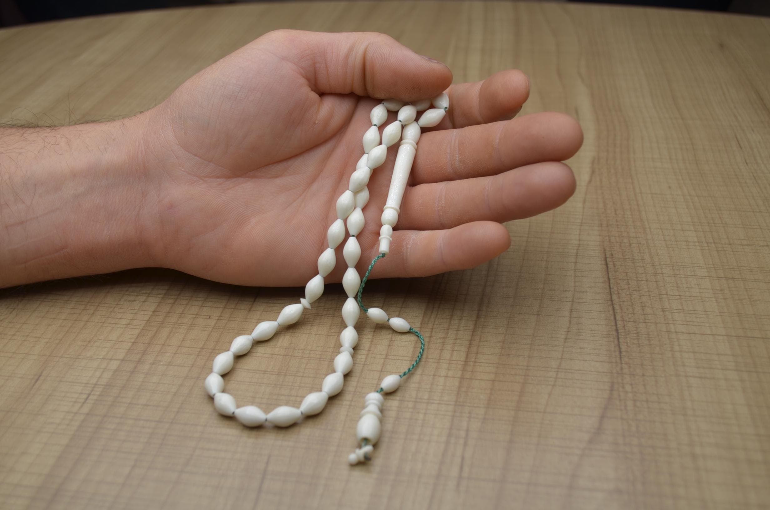 Spiritual Green Cord Tasbih, White Camel Bone Style, 33 Beads, Matching Imam, Traditional Muslim Misbaha, White Rosary, Islamic Faith Gift,