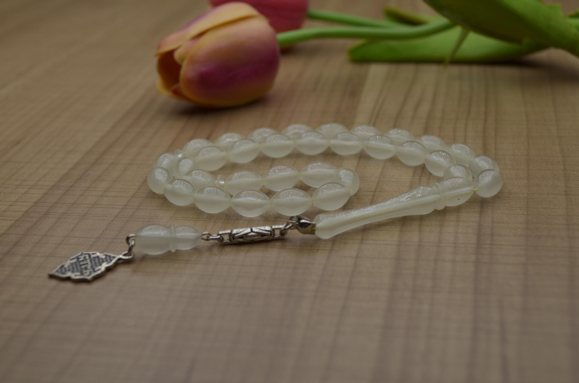 Satin White Cat's Eye Tasbih, 33 Beads Islamic Prayer Beads, Moonstone Style Misbaha, Personalized Rosary, Mens Gift, Spiritual Dhikr Bead, - image 3