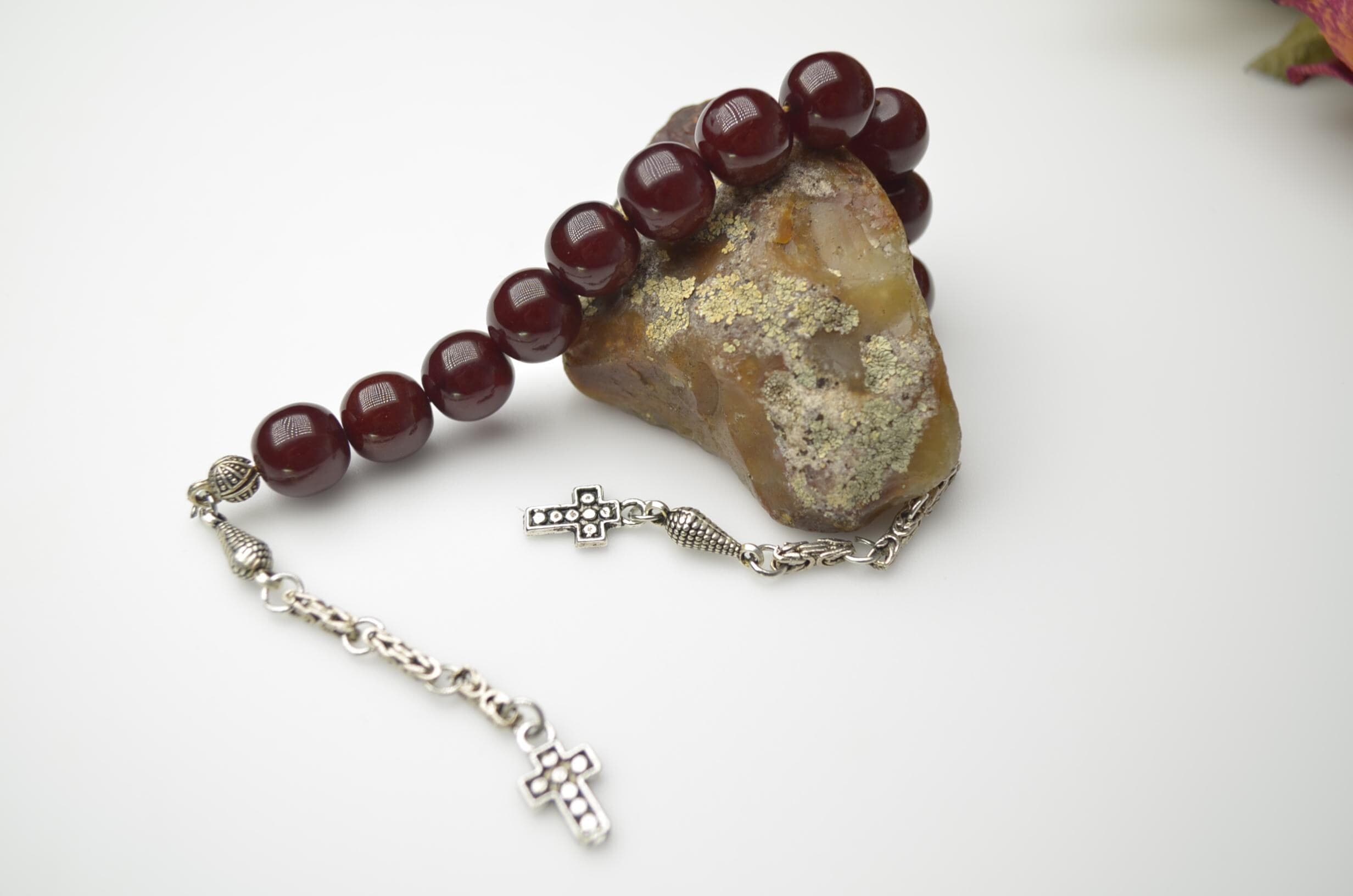 Pressed Amber Muslim Tasbeh, Custom Charm Cherry Red Worry Beads, Round Pocket Rosary, Personalized Prayer Beads, Mens Gift,
