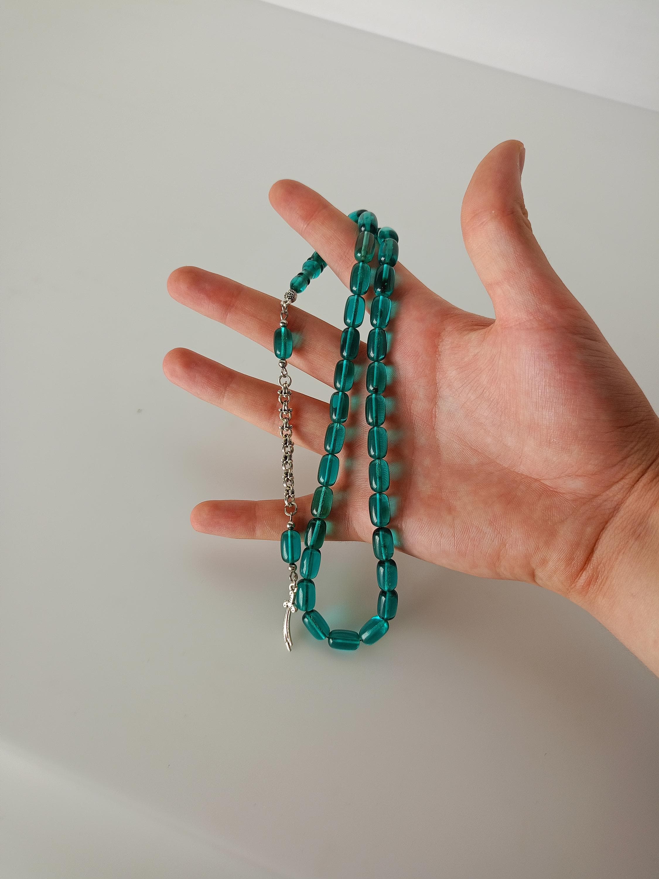 Turquoise Amber Powder Tasbih, 33 Beads Islamic Rosary, Ocean Blue Misbaha, Cylindrical Prayer Beads, Eid Ramadan Gift, Personalized Rosary, - image 4