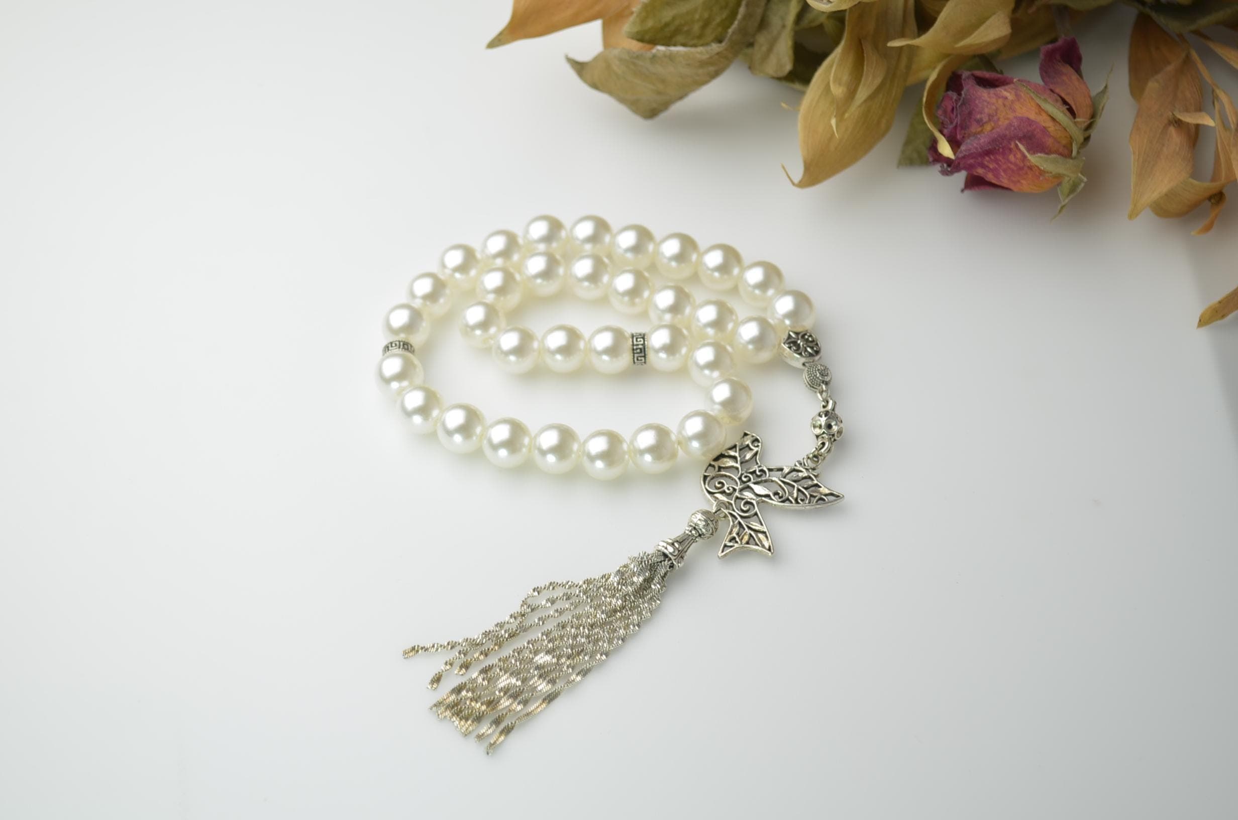Faux Pearl Tasbih, White Islamic Prayer Beads, Dove Charm Rosary, 33 Beads Misbaha, Affordable Wedding Favors, Muslim Eid Gift