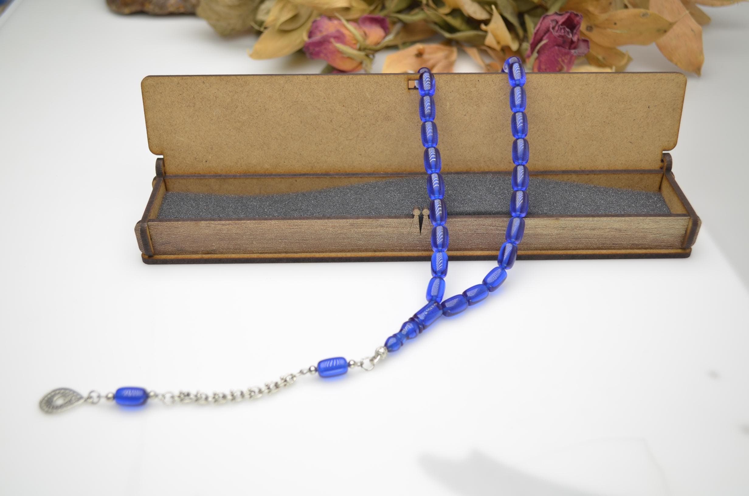 Blue Amber Powder Tasbih, 33 Beads Islamic Rosary, Muslim Misbaha, Cylindrical Prayer Beads, Eid Ramadan Gift for Men, Blue Worry Beads - image 4