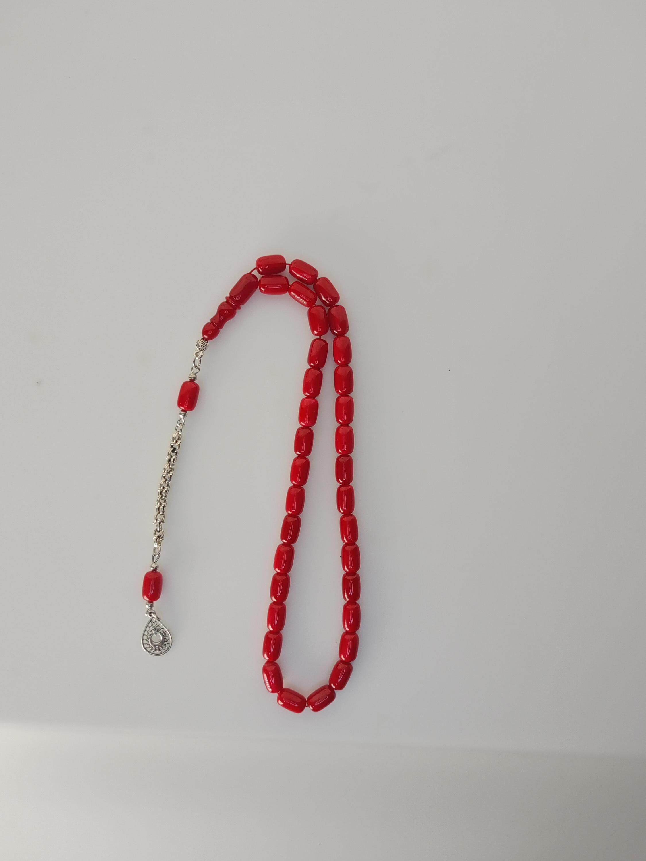 Red Amber Powder Tasbih, 33 Beads Islamic Rosary, Muslim Misbaha, Cylindrical Prayer Beads, Eid Ramadan Gift for Men, Red Worry Beads - image 3