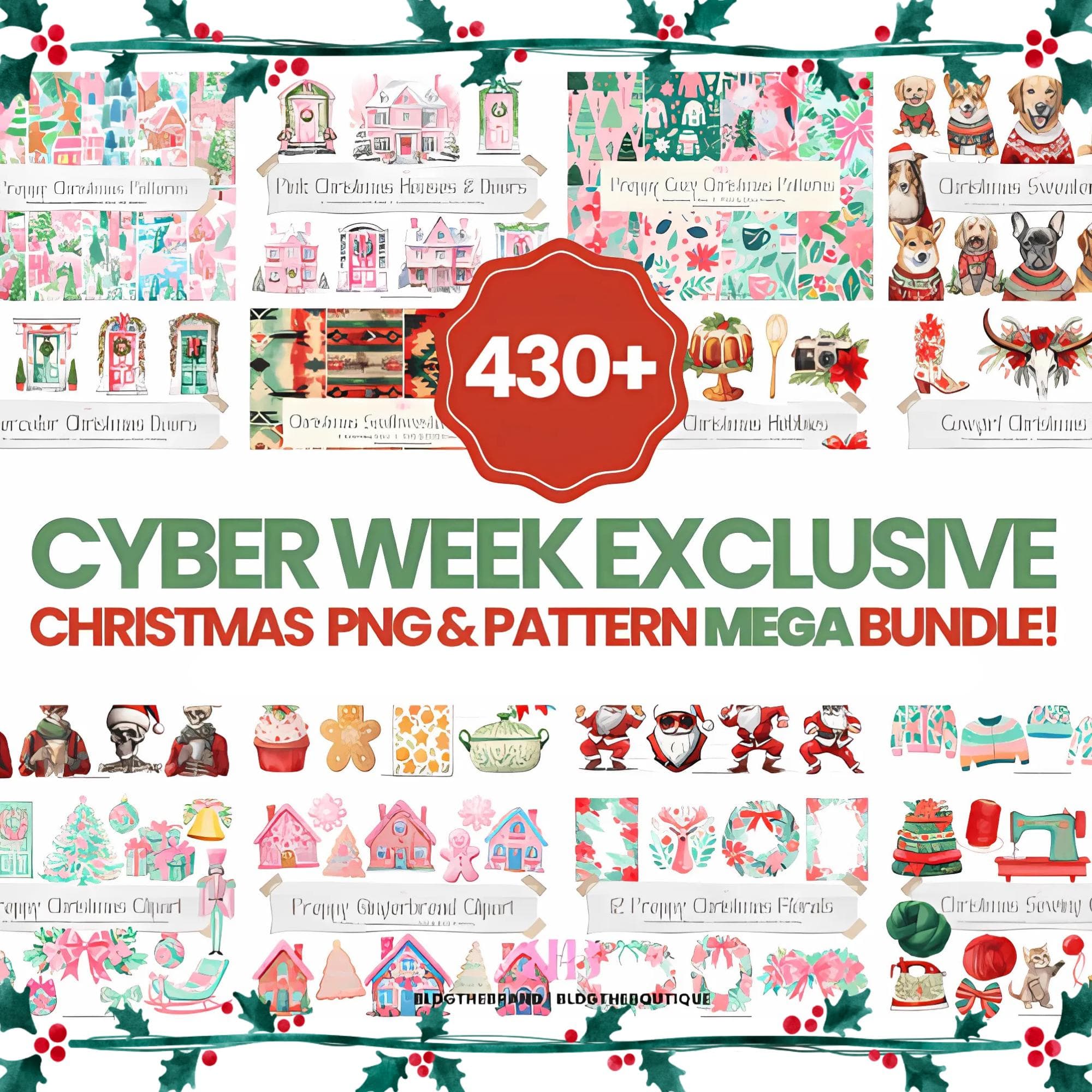 430+ Christmas Clipart & Patterns Bundle : Preppy, Western, Sweaters, couples, Dogs and More | +16 Etsy Niches ideas | Ready to Use
