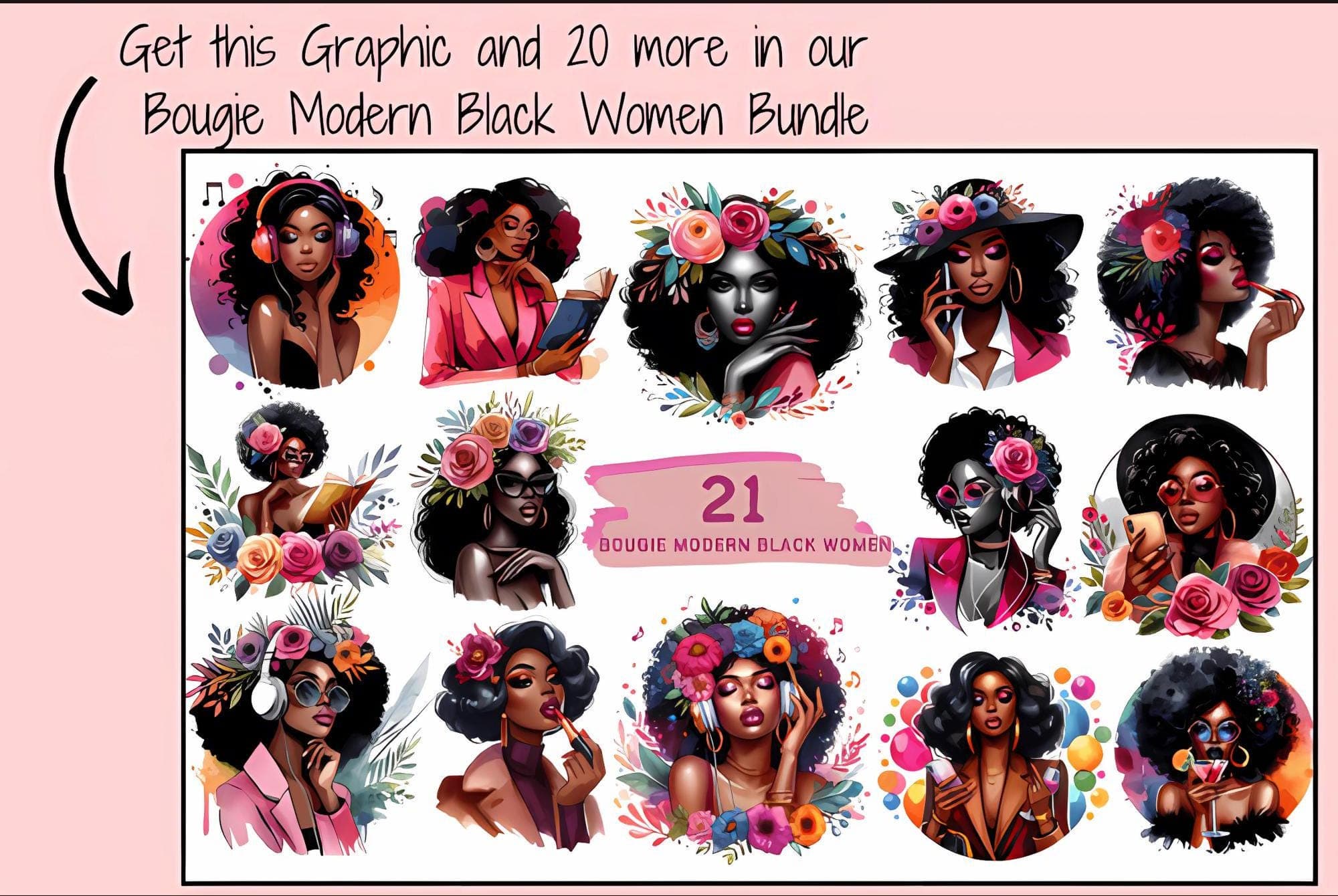 Empower yourself with a collection of inspiring clipart featuring pride black women bosses. This versatile set includes 9 PNG files with high-quality images of diverse women in various poses and styles.
