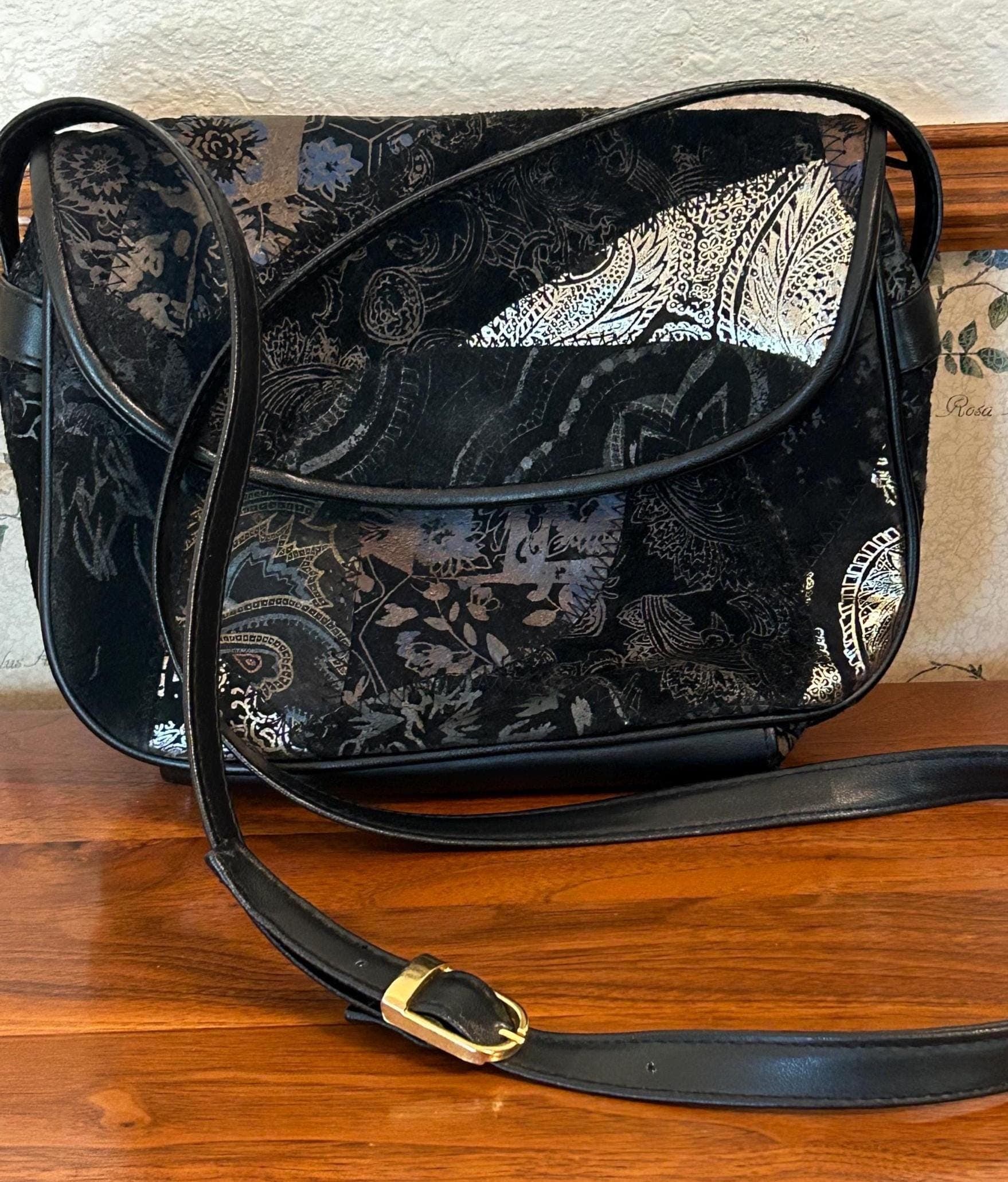 Vintage Black Paisley Crossbody Purse - Shiny Suede Mixed Material 9" x 7" Bag