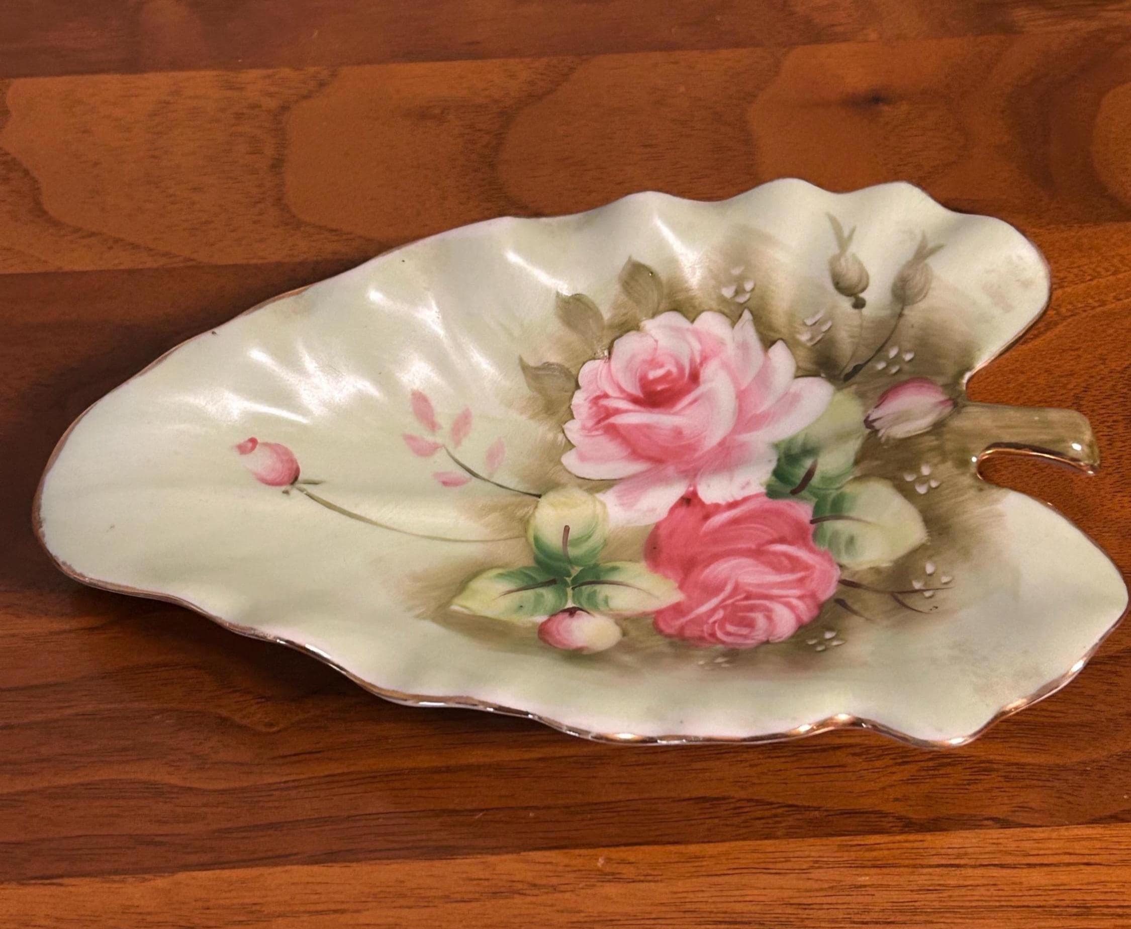Vintage Lefton China Heritage Leaf Dish Hand Painted Japan 7" Floral
