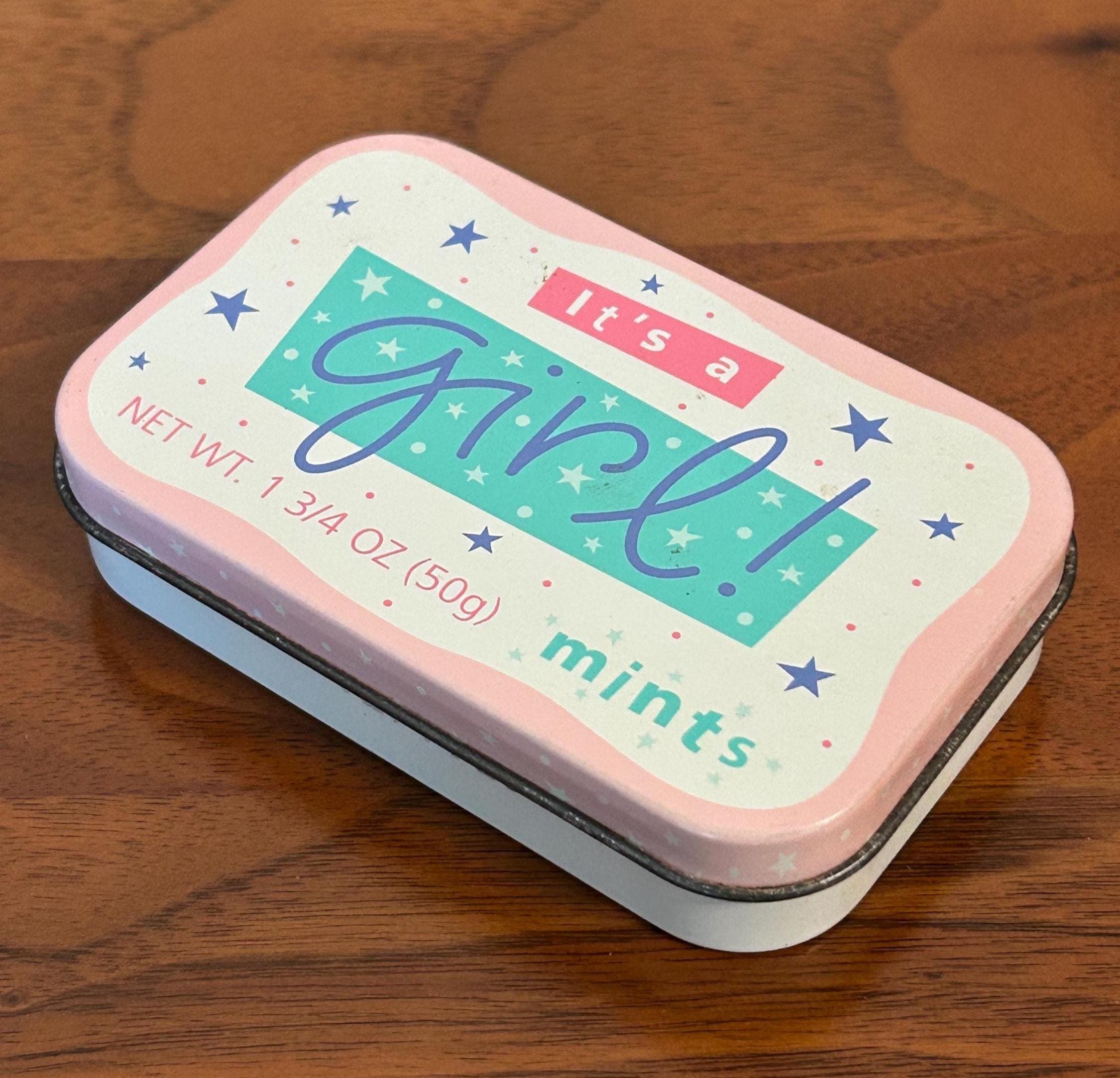 Vintage It's a Girl Mints Tin 3 3/4" - Pink Baby Shower Keepsake