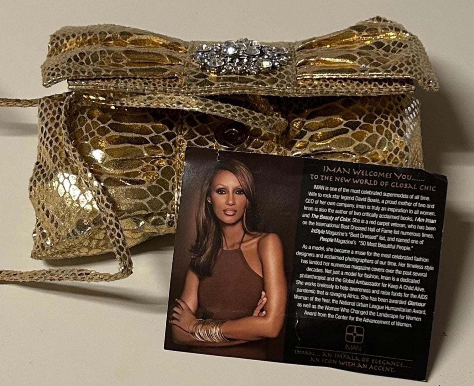 Vintage Iman Gold Metallic Handbag Clutch Crossbody 7" x 5"- Faux Snake Print Brand New