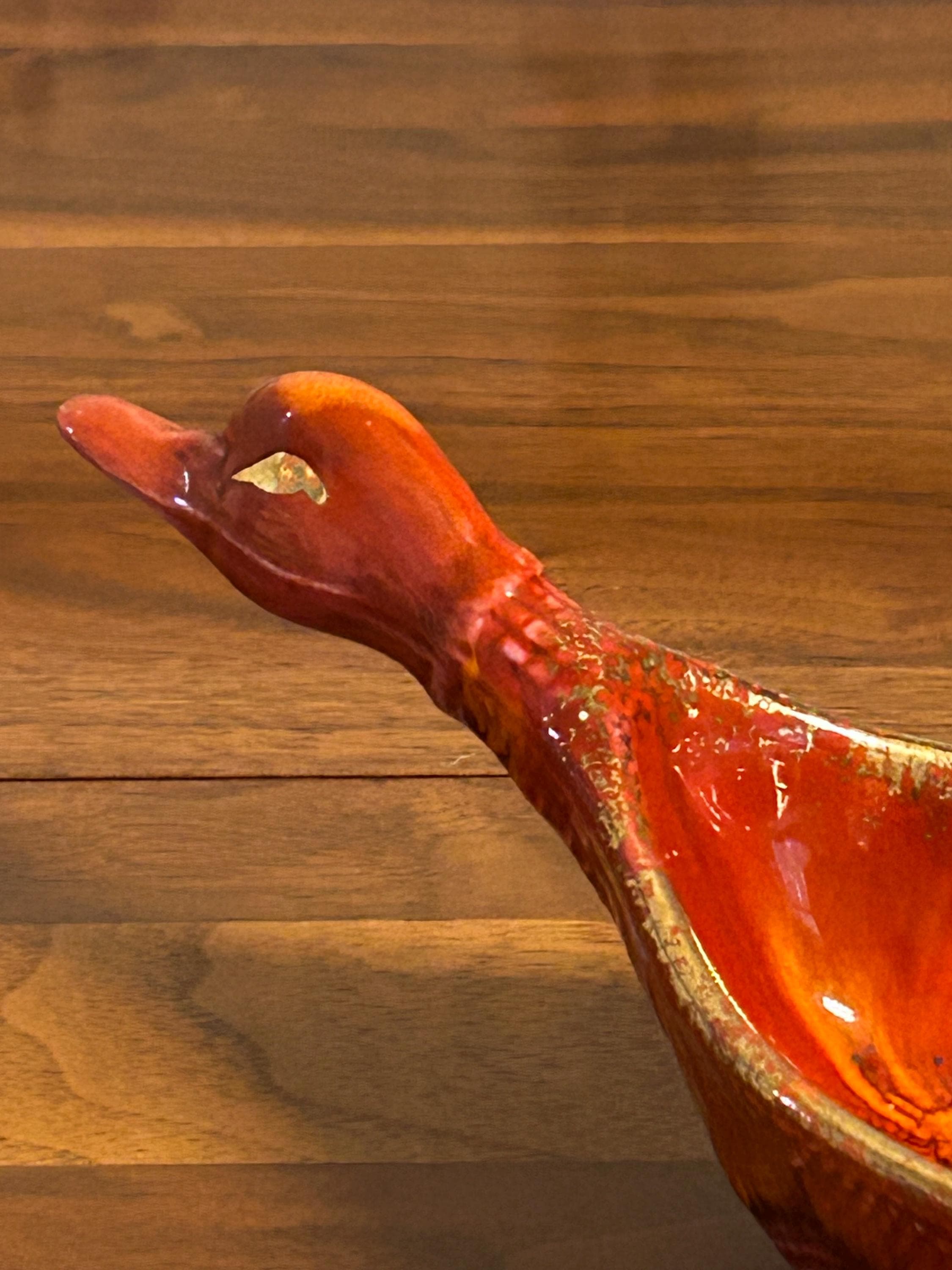 Vintage California Pottery Duck Ashtray Trinket Dish 9 1/2" - Red Drip Glaze 1960's