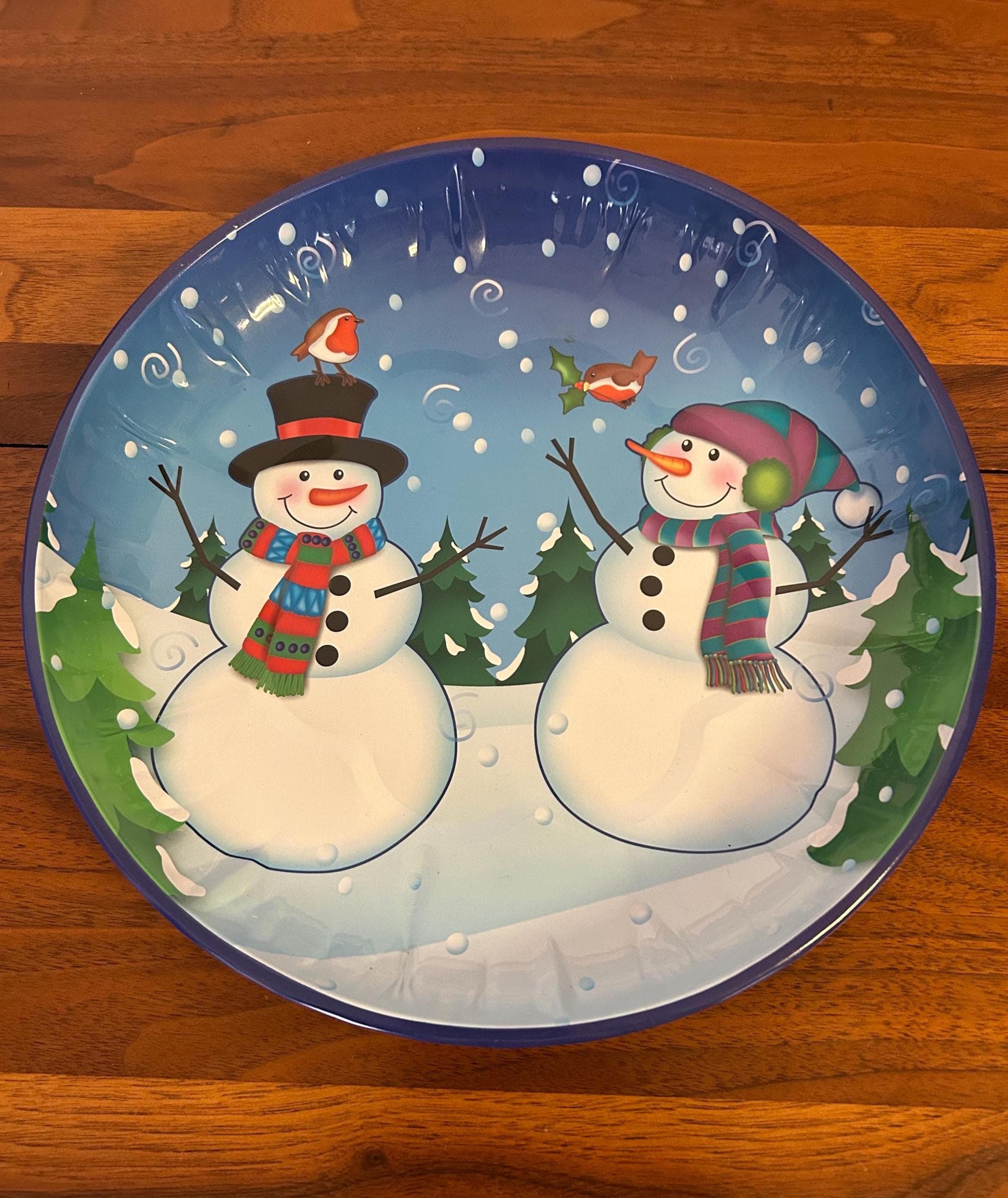Vintage Christmas Snowman Plate Tin 10" Round - Holiday Storage Container