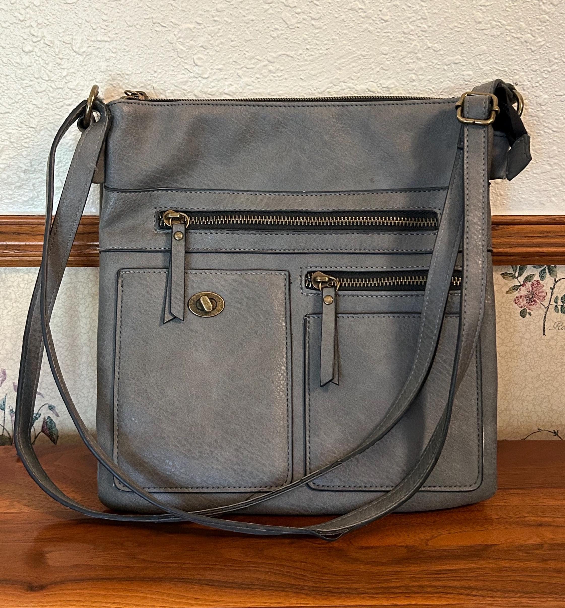Gray Crossbody Purse 8" x 10" - Multi Pocket Handbag - Soft Leather Look, Adjustable Strap