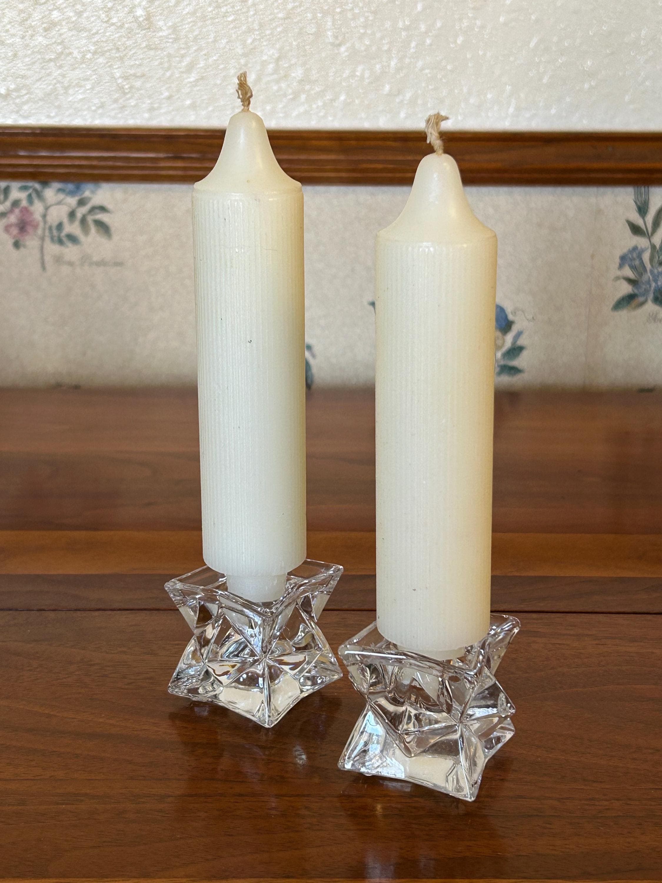 Vintage Pair Cut Glass Candlestick Holders 1 3/4" Tall - Geometric Design