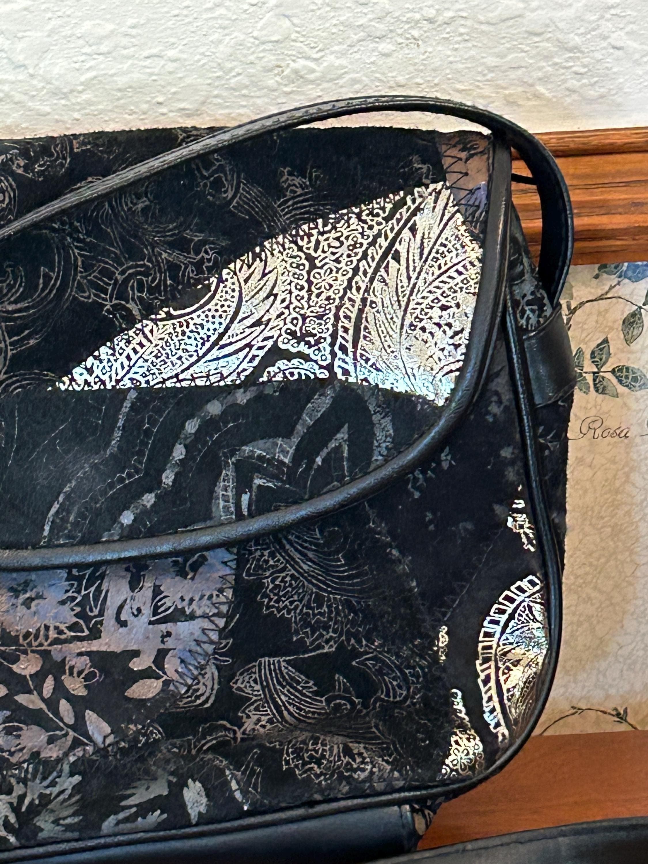 Vintage Black Paisley Crossbody Purse - Shiny Suede Mixed Material 9" x 7" Bag