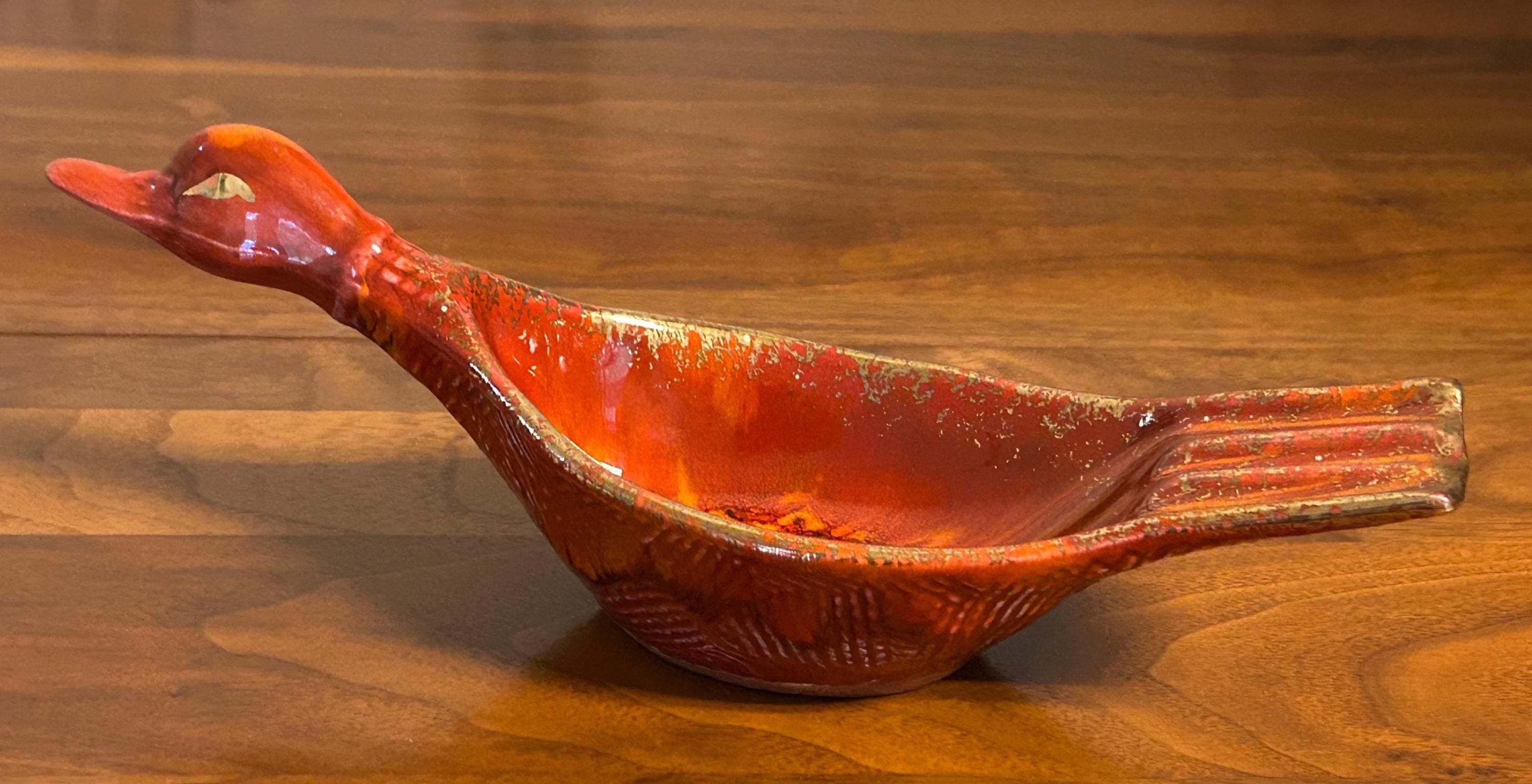 Vintage California Pottery Duck Ashtray Trinket Dish 9 1/2" - Red Drip Glaze 1960's