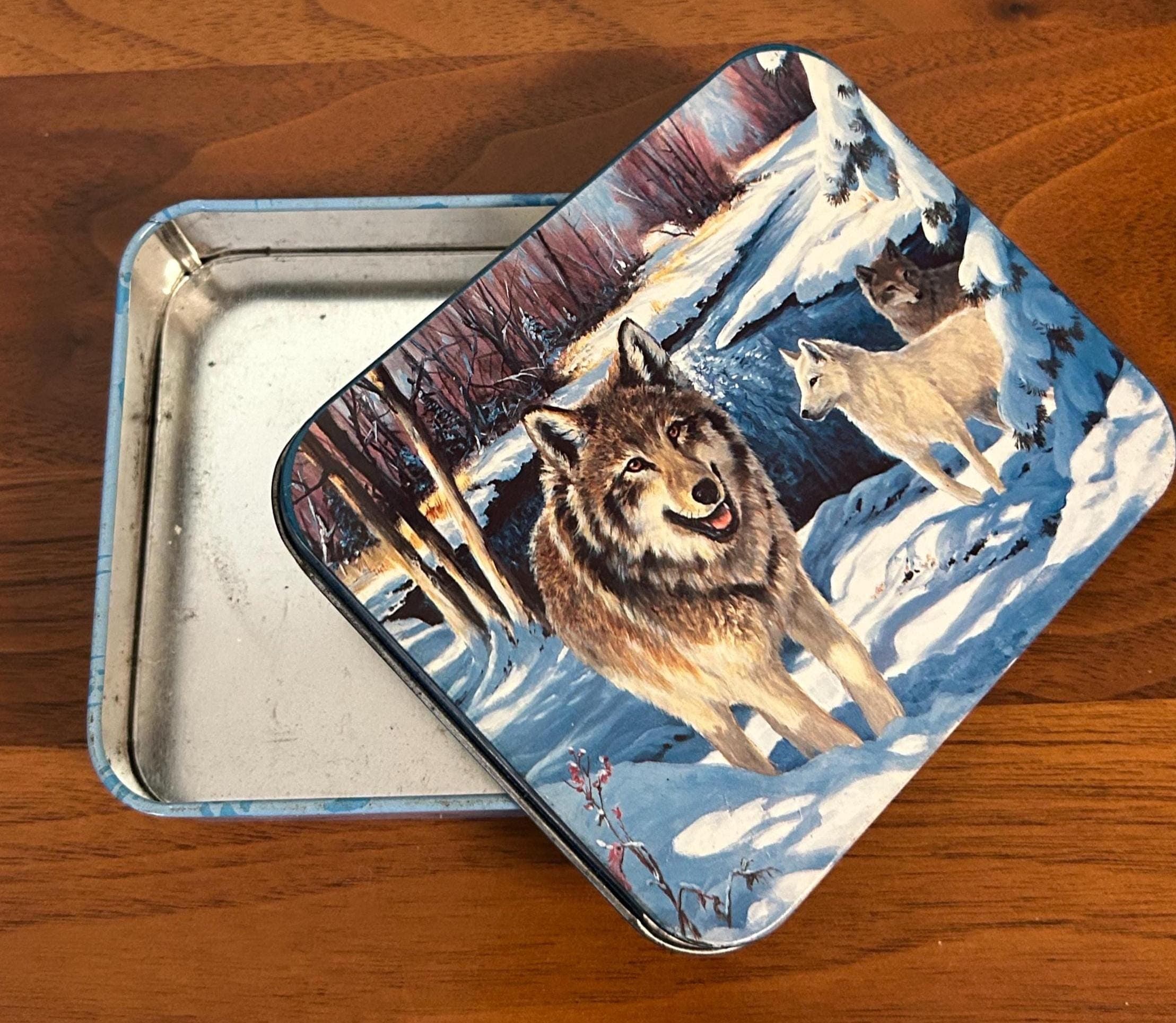 Vintage Wolf Scene Tin Box 4 3/4" - Winter Wolves Metal Storage