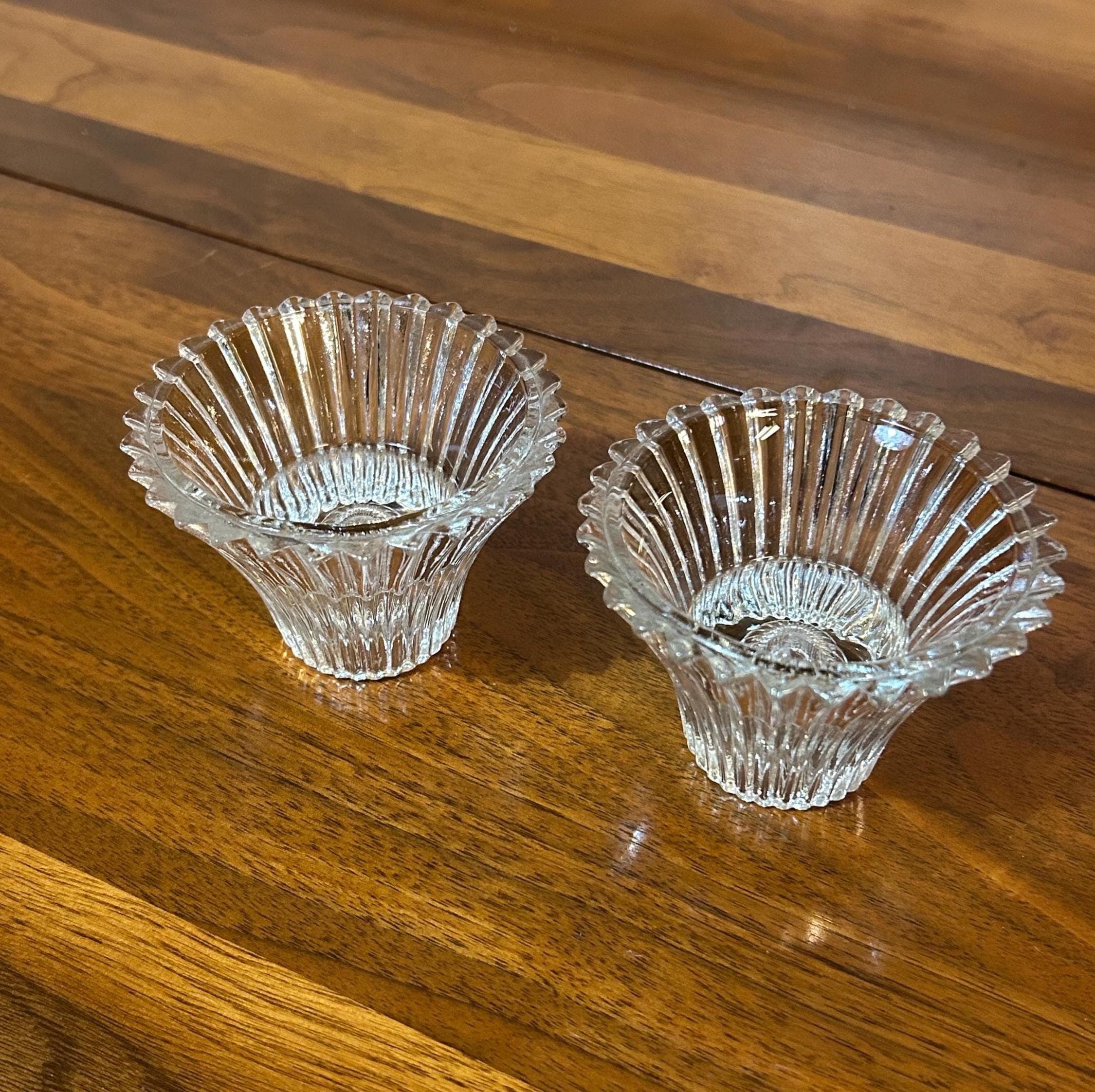 2 Vintage Reversible Glass Candleholders 2" - Ribbed Clear Glass