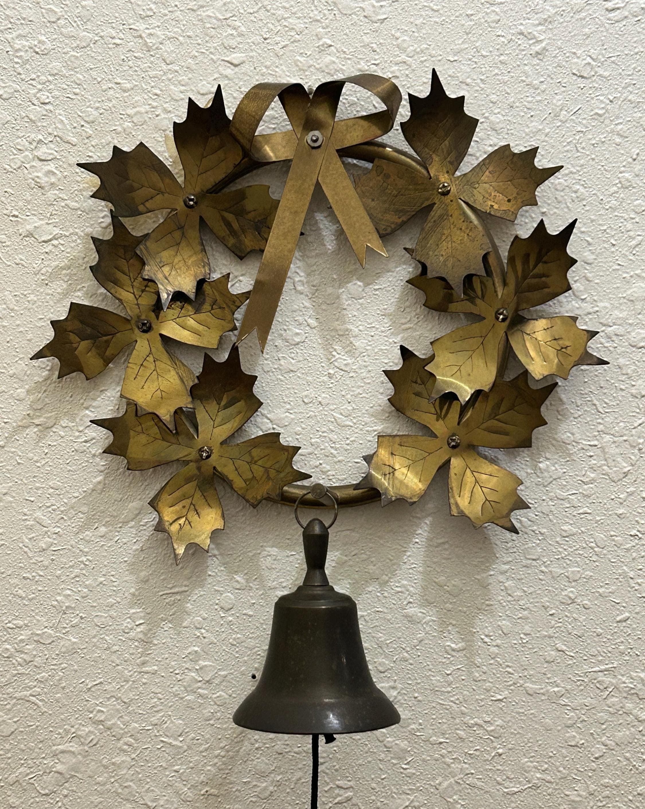 Vintage Brass Leaf Wreath with Hanging Bell 9" - Holiday Decor